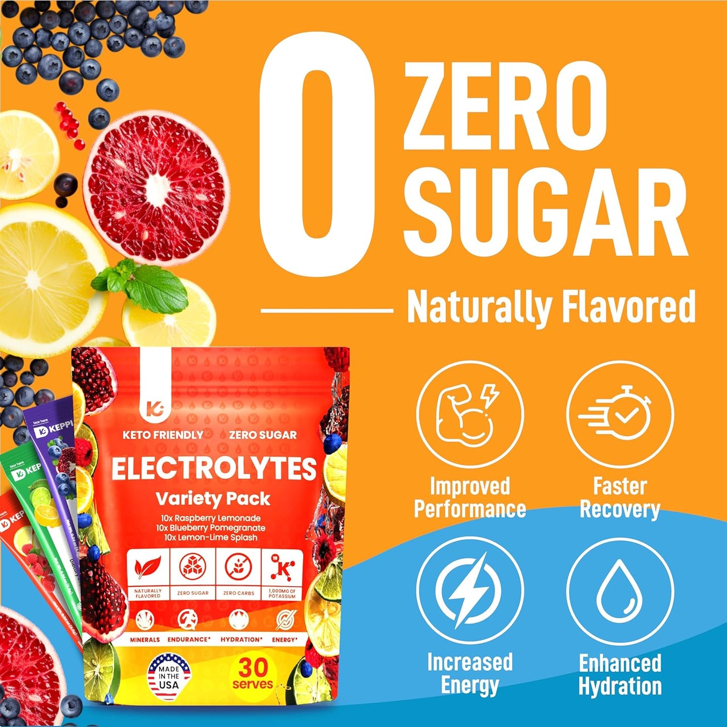 USA-Made Keppi Keto Electrolytes Powder - Sugar-Free Hydration & Recovery - Raspberry Lemonade, Blueberry Pomegranate, Lemon Lime - Advanced Formula - Espot.com.au