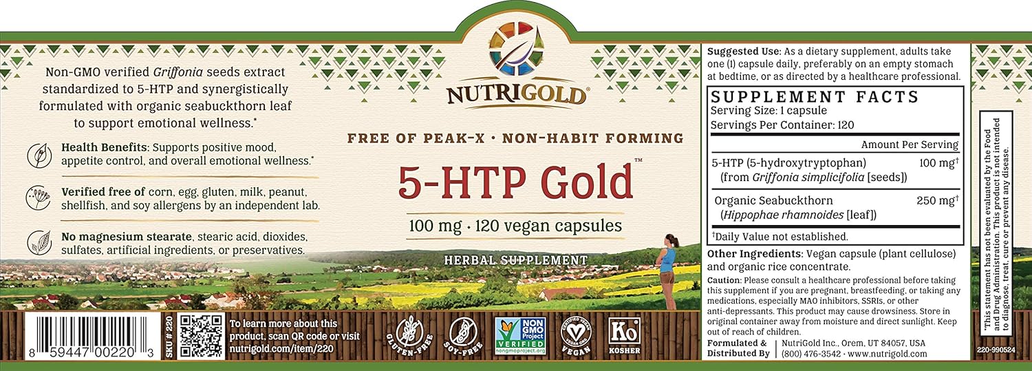 Nutrigold 5-HTP 100mg - 120 Vegetarian Capsules, Pure Extract Free of Peak-X, GMOs, & Allergens - High Quality Supplement - Espot.com.au
