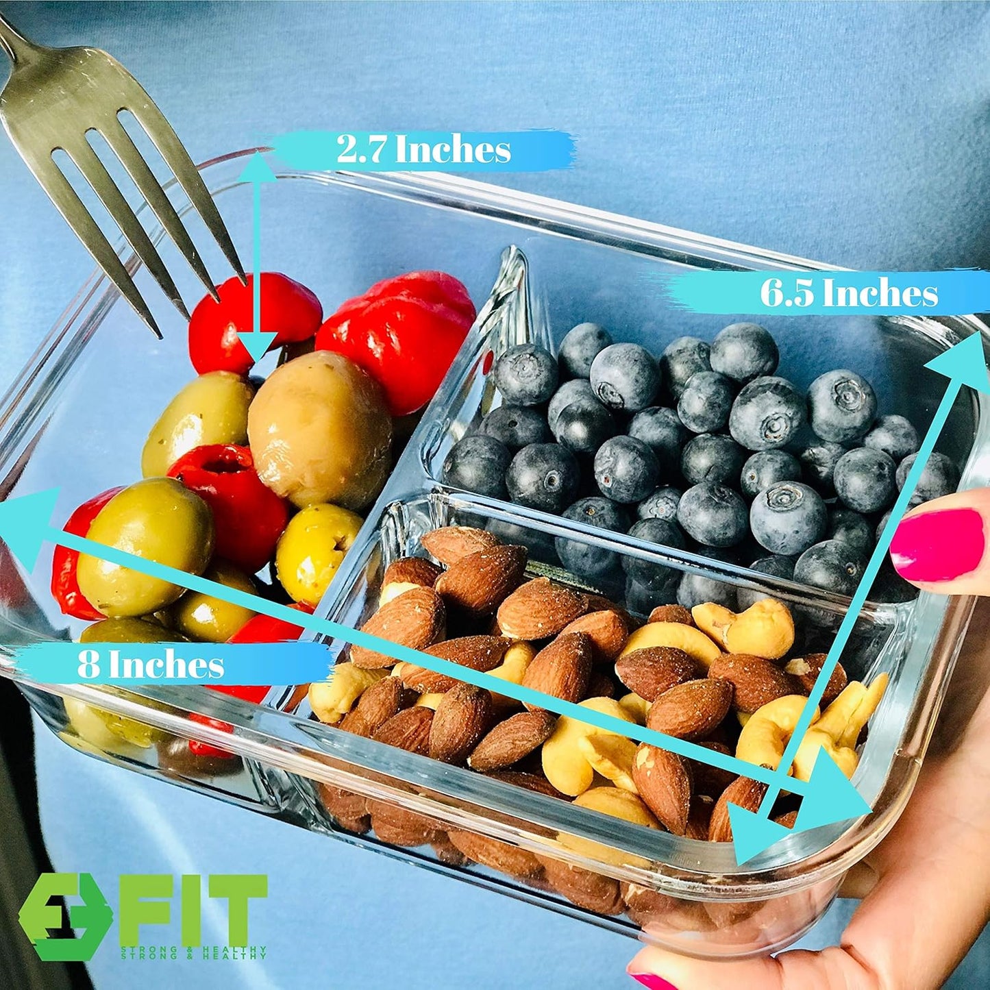 fit-strong-healthy-glass-meal-prep-containers---3-compartment-lunch-box-set-with-airtight-lids---portion-control-food-storage-containers---oven-freezer-safe---leak-proof-bento-box---32oz---blue---3-pack-8