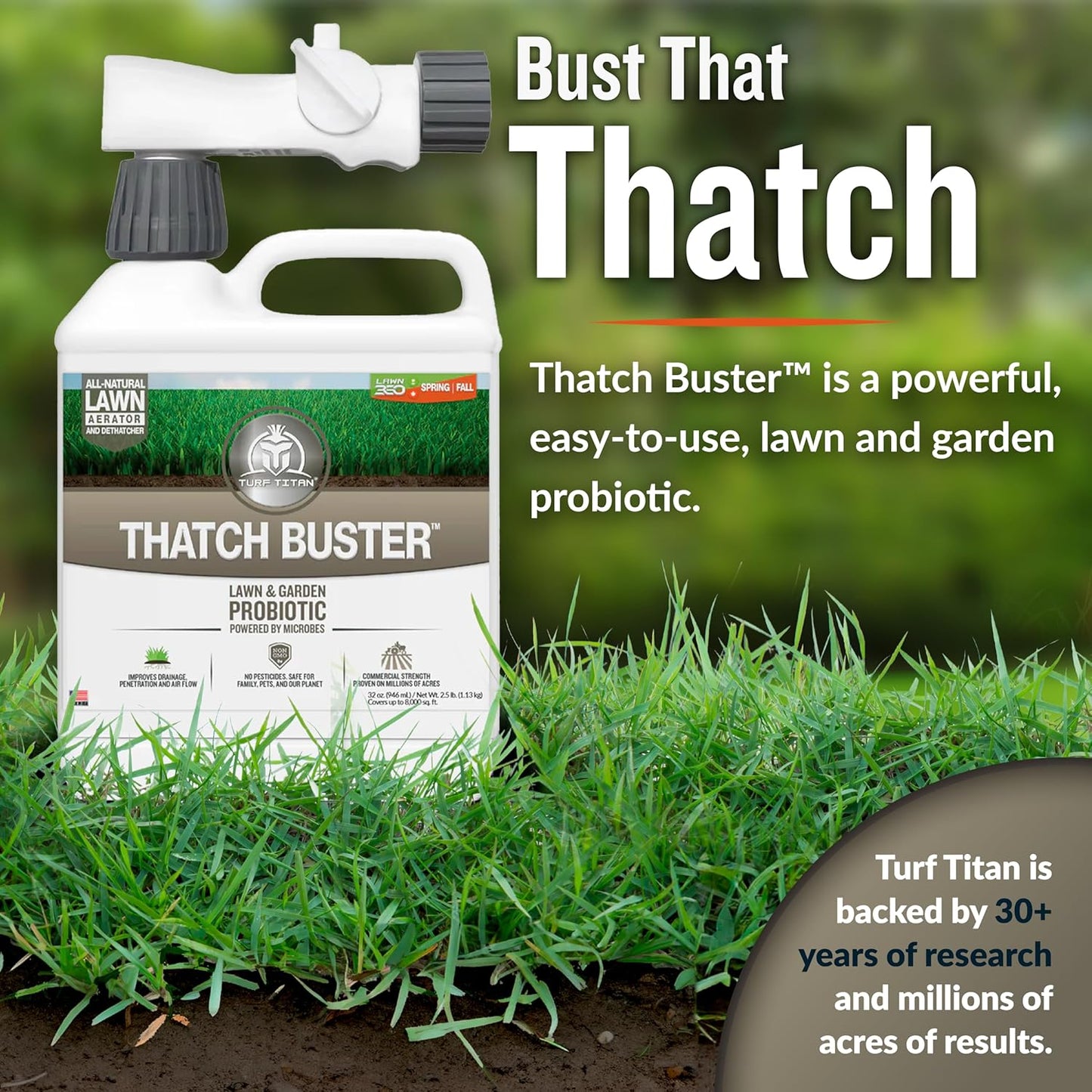 Turf Titan Thatch Buster - Natural Lawn Aerator and Grass Dethatcher - Probiotic Solution for Better Lawn Drainage, Soil Health, and Strength (32oz) - Espot.com.au