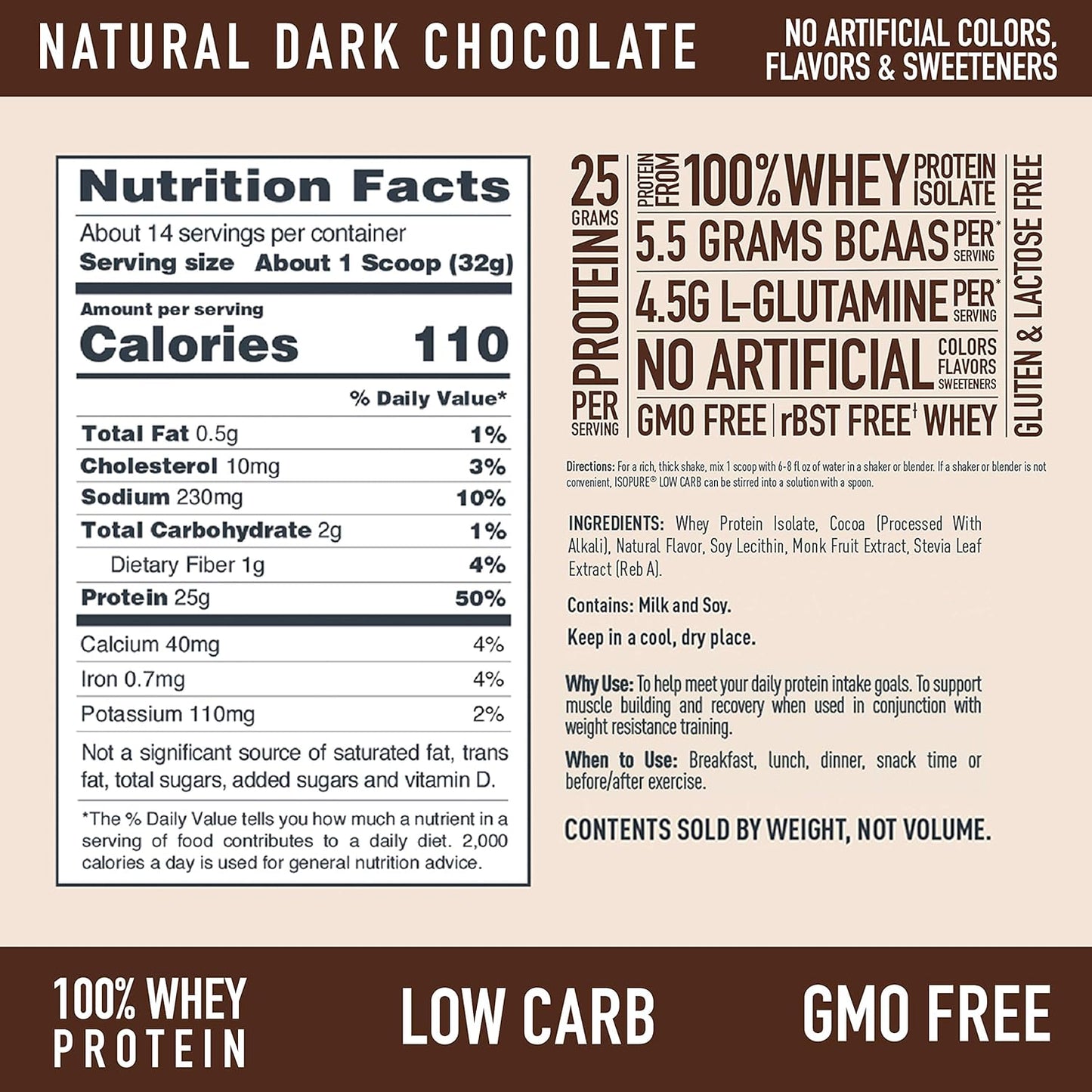 Isopure Low Carb Whey Isolate Protein Powder - Dark Chocolate Flavor - 25g Protein Per Serving - 1 Lb - Gluten & Lactose Free - With Vitamins - 14 Servings - Espot.com.au
