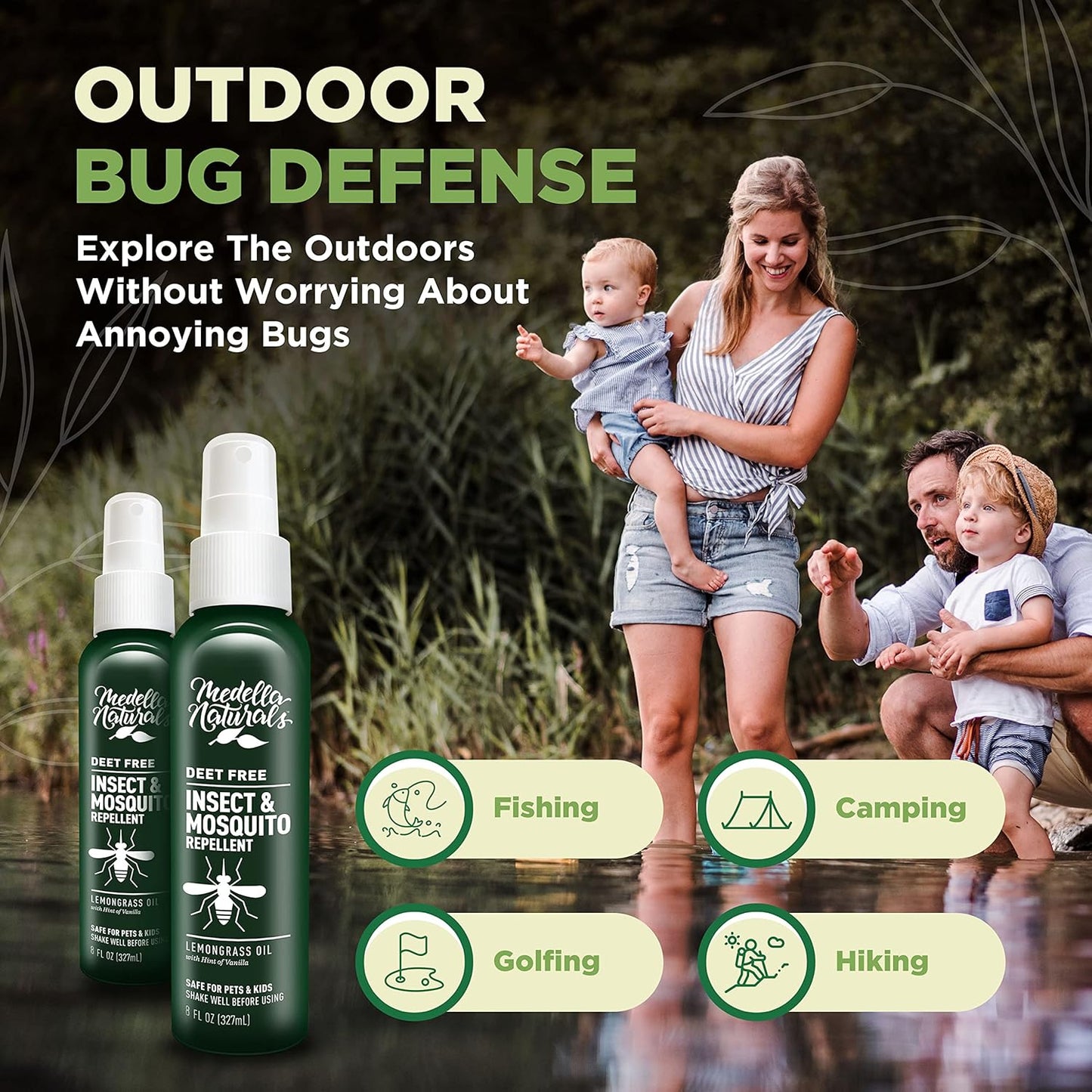 Medella Naturals Deet-Free Insect Repellent Bundle (2-Pack, 8 oz) - Pleasant Lemongrass Scent, Safe for Pets & Kids - Effective Bug Spray for Mosquitoes, Gnats, Black Flies, No-See-ums - Espot.com.au