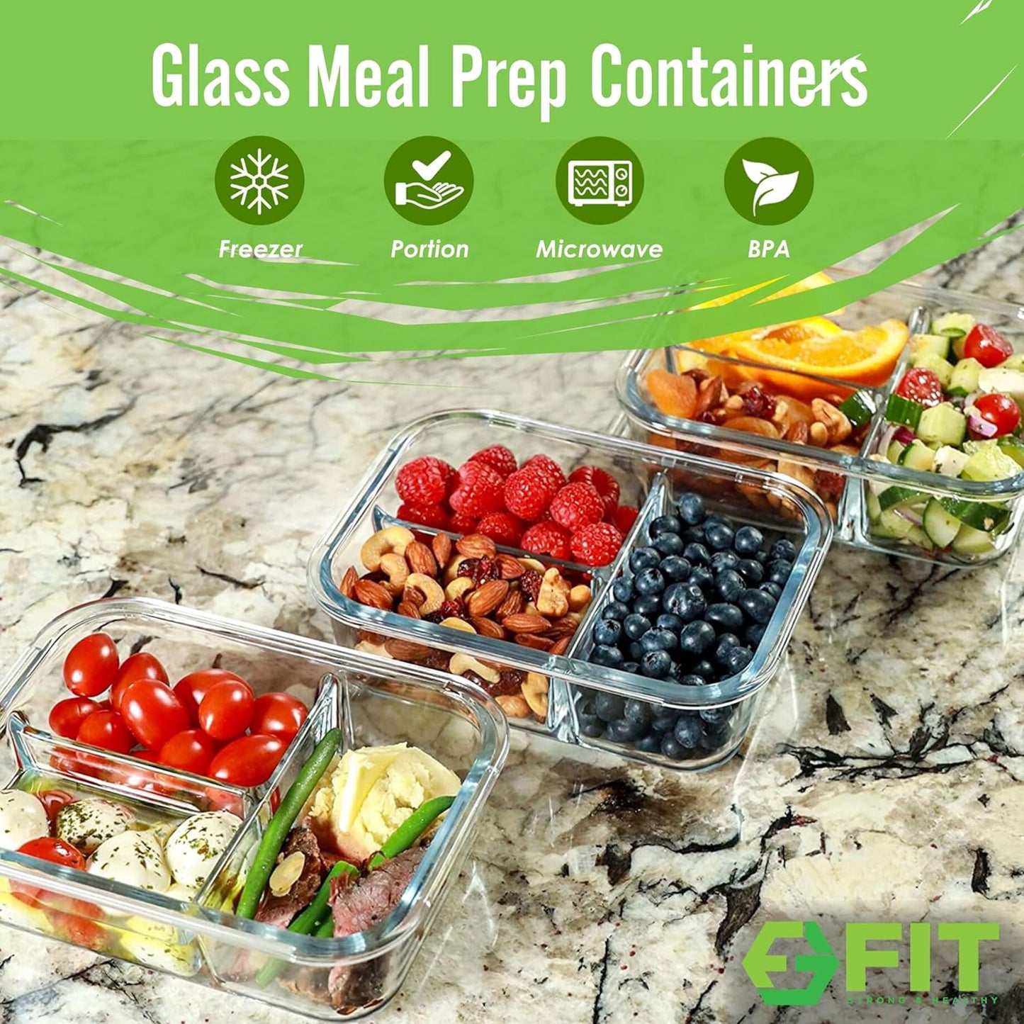 fit-strong-healthy-glass-meal-prep-containers---3-compartment-lunch-box-set-with-airtight-lids---portion-control-food-storage-containers---oven-freezer-safe---leak-proof-bento-box---32oz---blue---3-pack-2