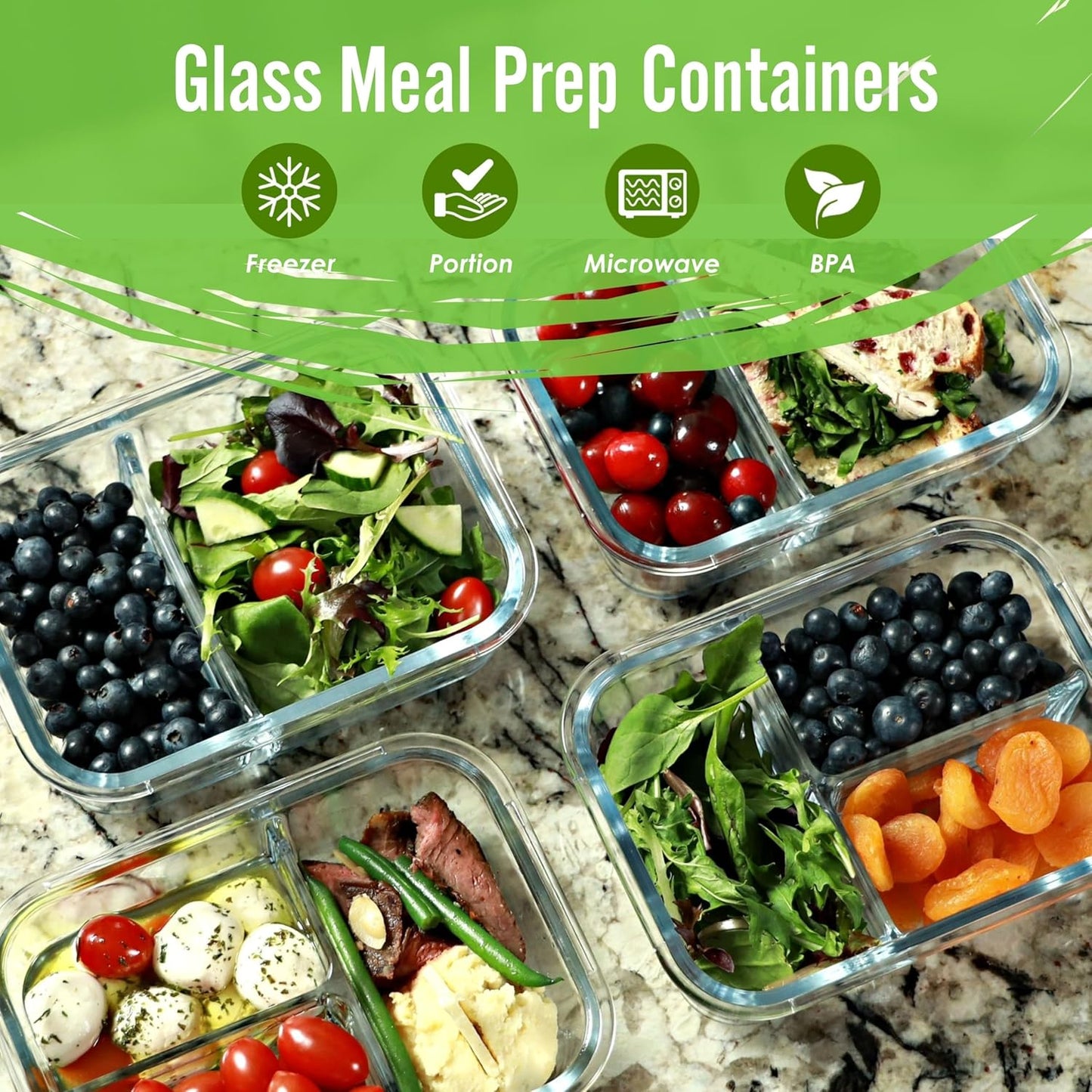 bundle-of-4-glass-meal-prep-containers-glass-water-bottle-with-straw-lid---32oz-bpa-free-time-marker-sleeve-extra-lid---fit-strong-healthy---2-3-compartments-black-ribbed-sleeve-2