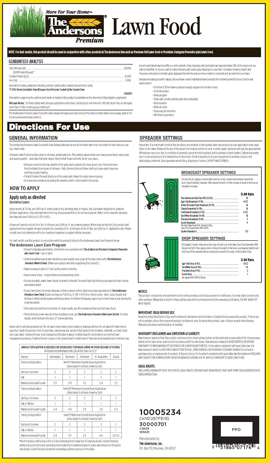Andersons Premium Spring Summer Lawn Food Fertilizer 28-0-12 - 5,000 sq ft Bag - High-Quality Turf Nutrition for Healthy Lawns - Espot.com.au