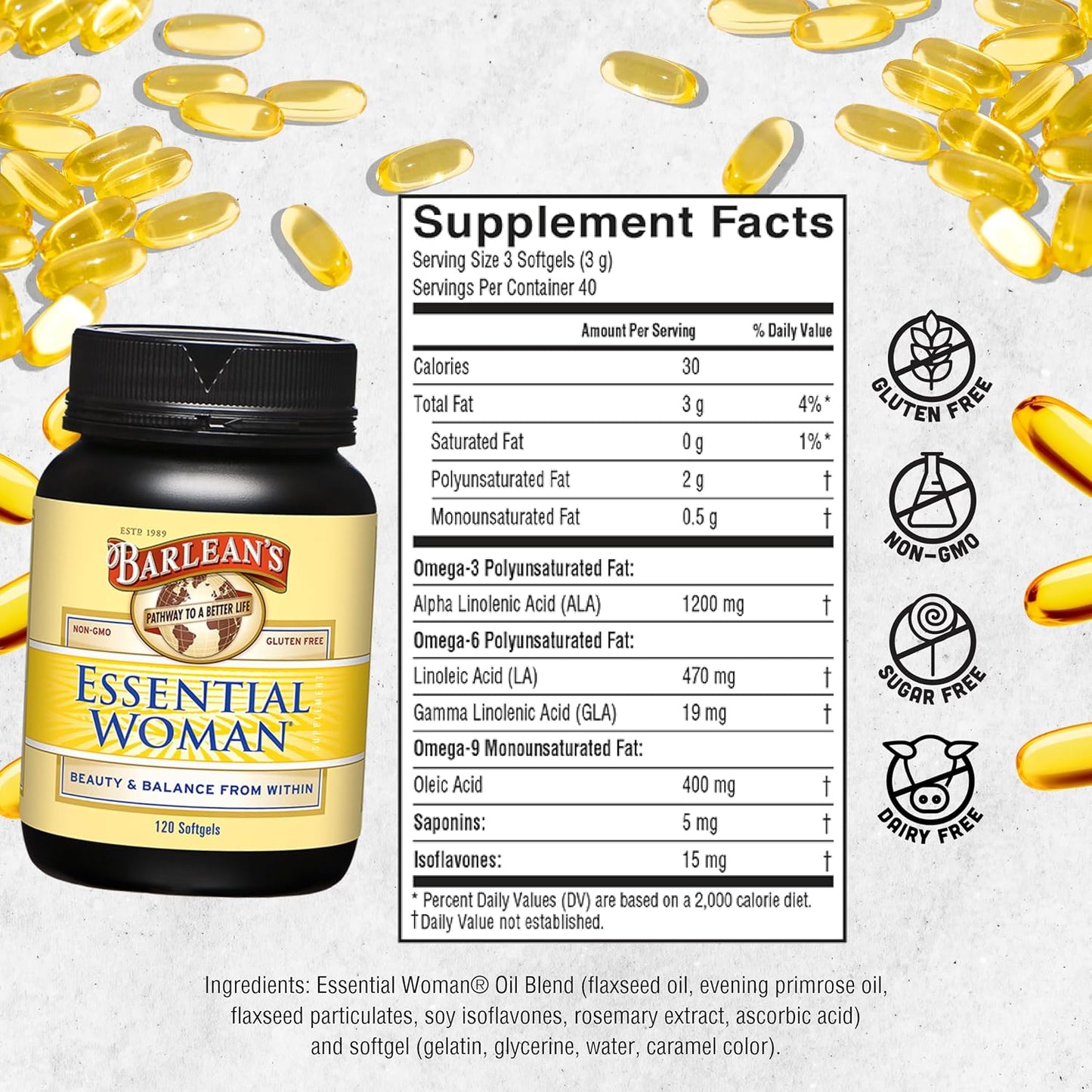 barleans-essential-woman-capsules---hormonal-balance-supplement-with-flaxseed-evening-primrose-oil-soy-isoflavones---omega-3-6-9-and-gla---120-count-6
