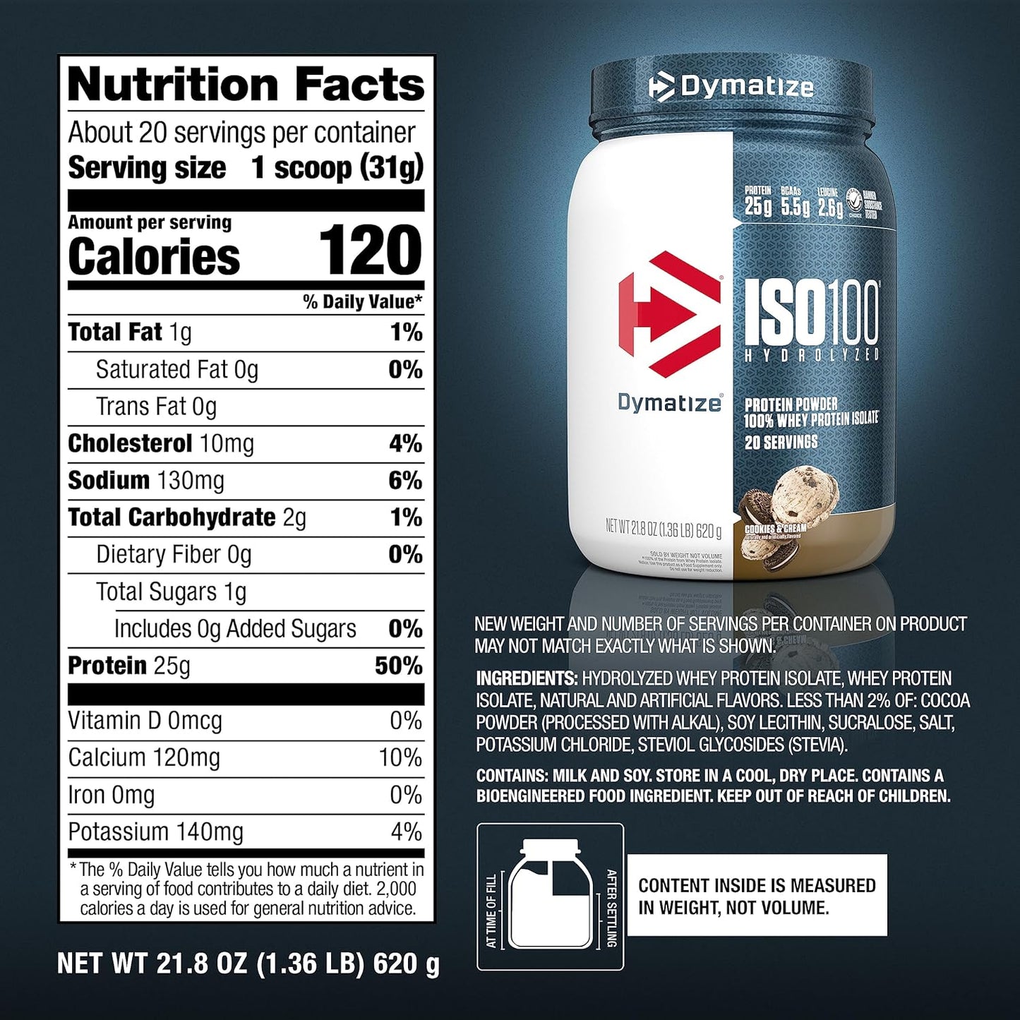 Dymatize ISO100 Hydrolyzed Protein Powder - Cookies and Cream Flavor, 100% Whey Isolate Protein with 25g Protein and 5.5g BCAAs, Gluten-Free, Fast Absorbing, Easy to Digest - 20 Servings - Espot.com.au