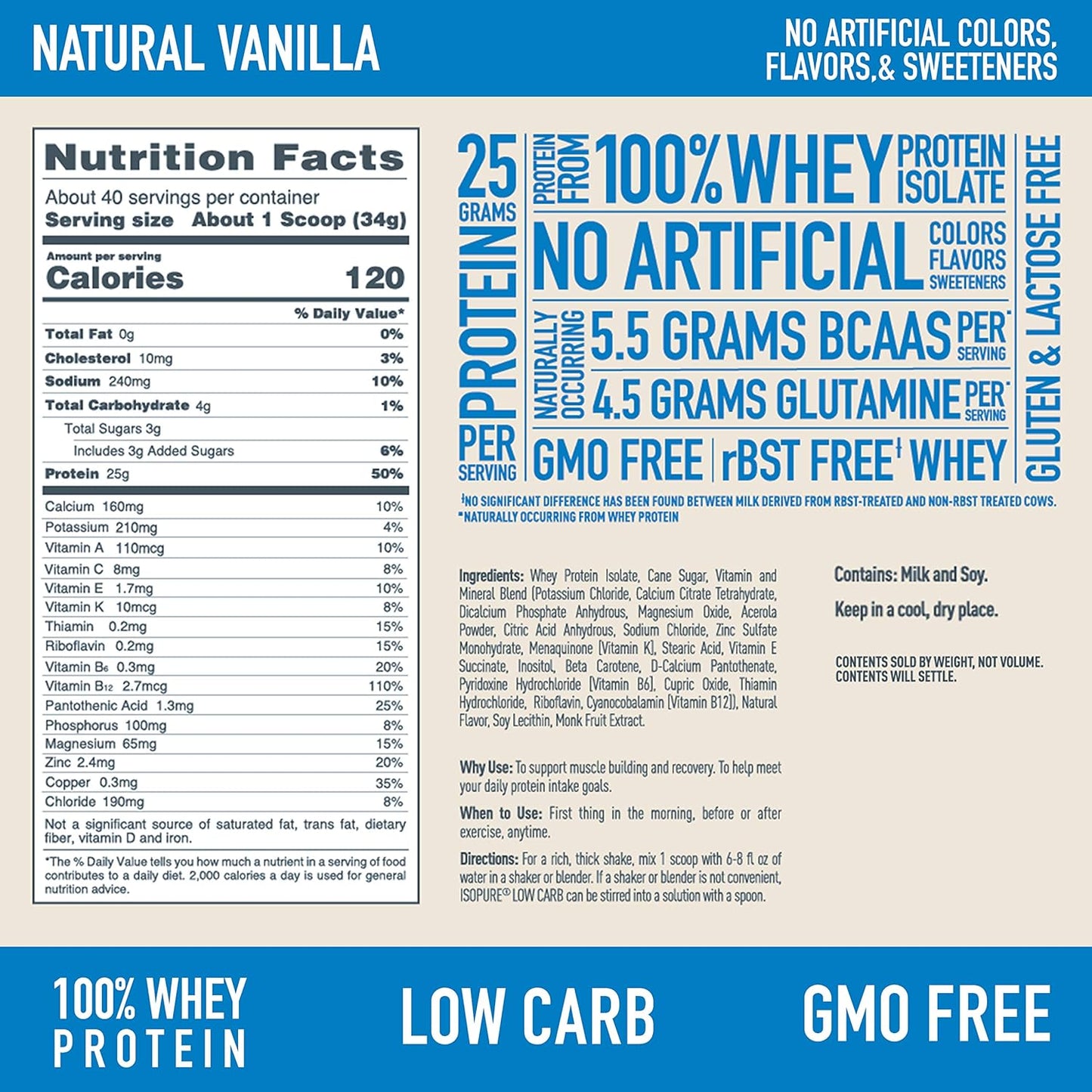 Vanilla Isopure Low Carb Whey Protein Powder - 100% Pure Isolate, Lactose & Gluten Free, 25g Protein, 3 Lbs, 40 Servings, Enriched with Vitamins - Espot.com.au