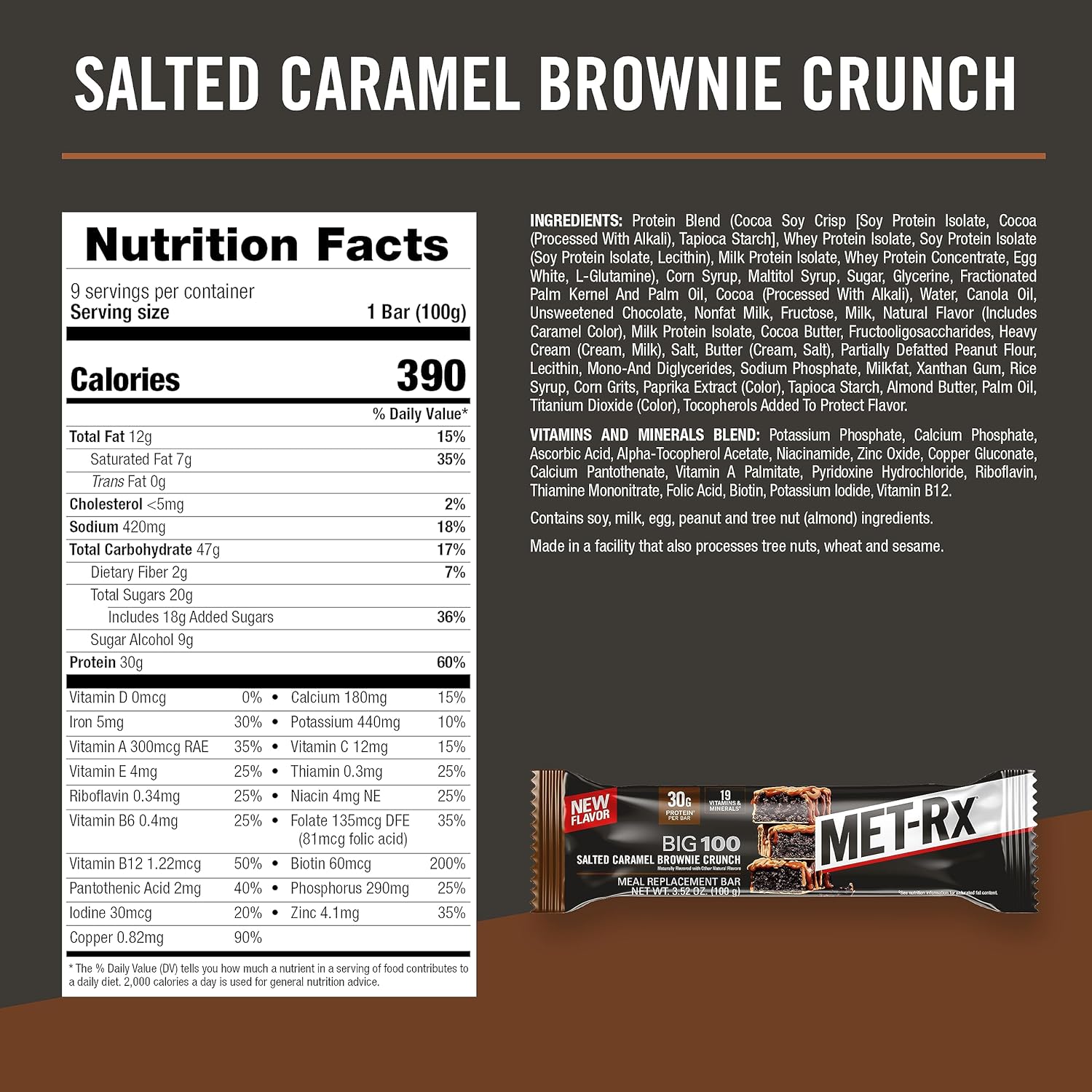 MET-Rx Big 100 Protein Bar, Salted Caramel Brownie Crunch, 30g Protein, Meal Replacement, 9 Count - Espot.com.au
