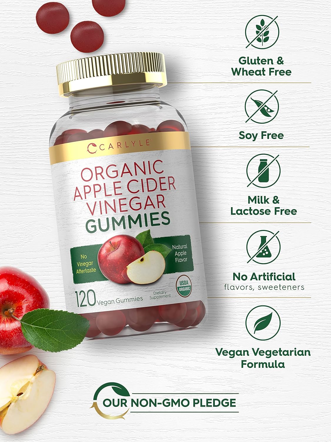 Organic Apple Cider Vinegar Gummies - 120 Count | USDA Certified, Vegan & Gluten-Free | Apple Flavor - Carlyle - Espot.com.au