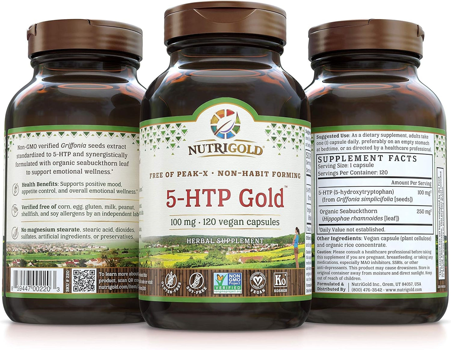 Nutrigold 5-HTP 100mg - 120 Vegetarian Capsules, Pure Extract Free of Peak-X, GMOs, & Allergens - High Quality Supplement - Espot.com.au