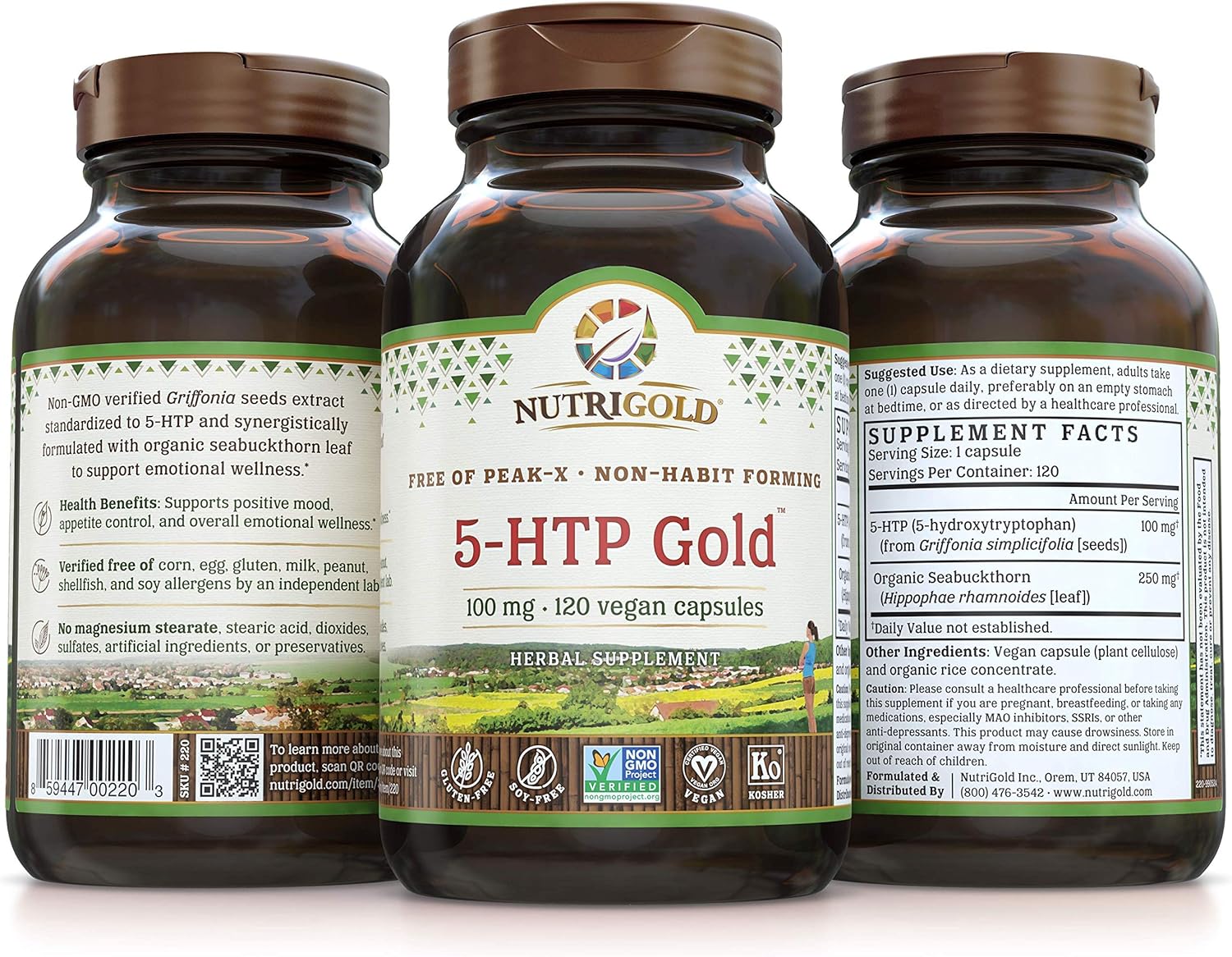 Nutrigold 5-HTP 100mg - 120 Vegetarian Capsules, Pure Extract Free of Peak-X, GMOs, & Allergens - High Quality Supplement - Espot.com.au