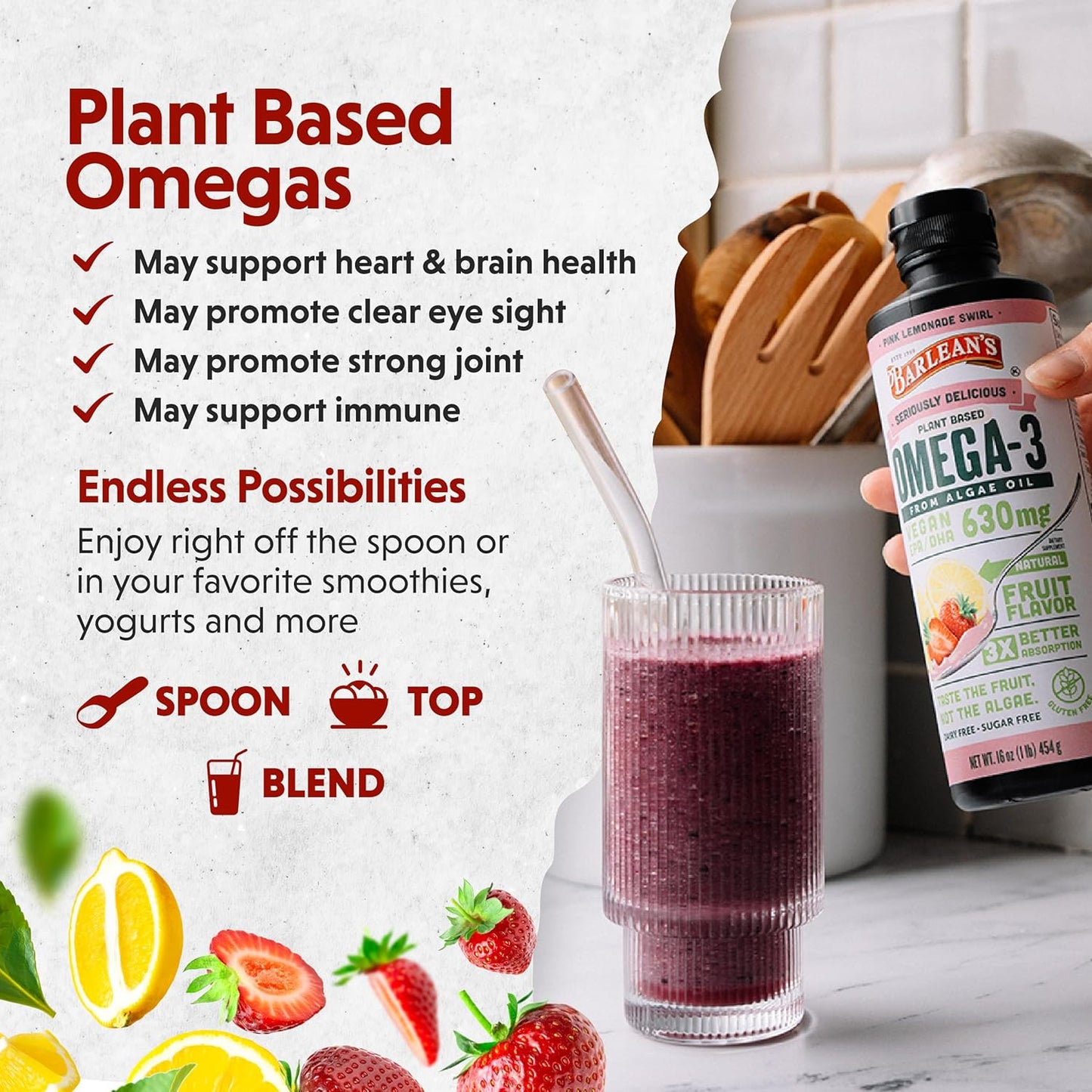 Barlean's Pink Lemonade Liquid Algae Oil Omega 3 Supplement - 630 mg EPA & DHA, Plant Based Omegas, Non-GMO & Gluten Free - 16 oz - Espot.com.au