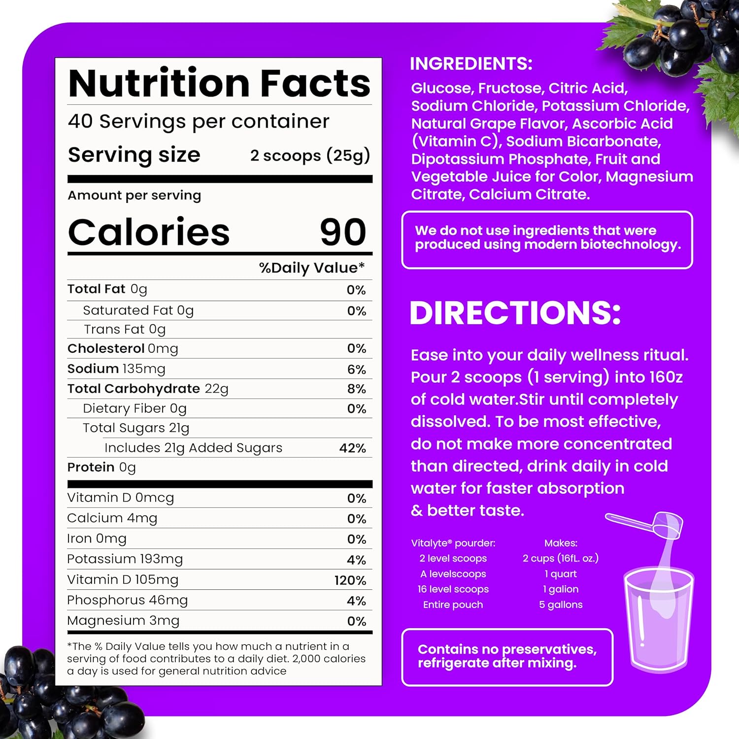 Isotonic Electrolyte Hydration Powder Mix, Grape Flavor, 35 oz - Gluten-Free Post Workout Drink Mix with Vitalyte Electrolytes - Espot.com.au