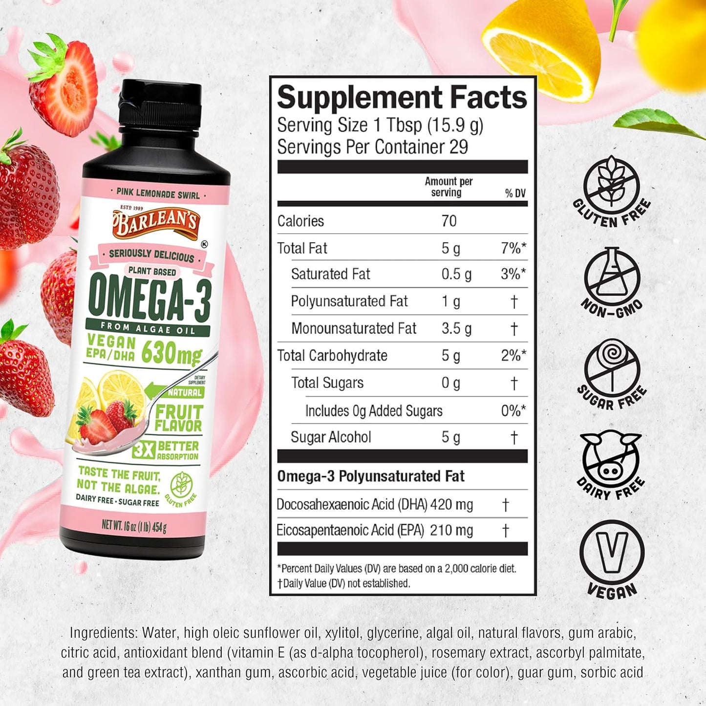 Barlean's Pink Lemonade Liquid Algae Oil Omega 3 Supplement - 630 mg EPA & DHA, Plant Based Omegas, Non-GMO & Gluten Free - 16 oz - Espot.com.au