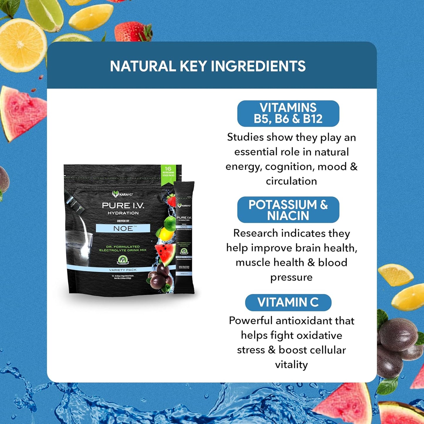 KaraMD Pure I.V. Electrolyte Drink Mix Variety Pack - Hydrating Powder with Vitamins & Minerals - 16 Sticks - Refreshing Flavors - Espot.com.au