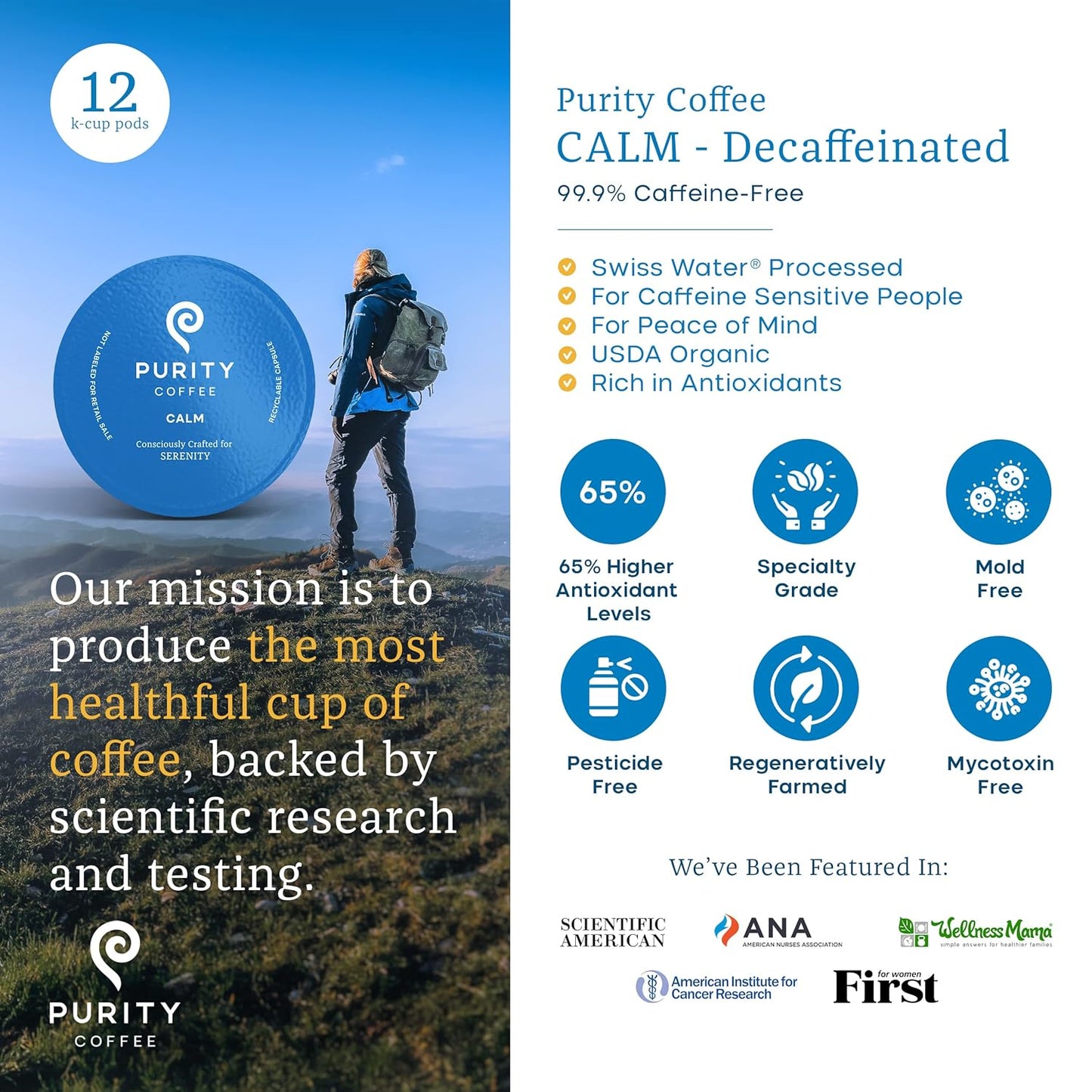 organic-decaf-medium-roast-coffee-pods---purity-coffee-calm---usda-certified---specialty-grade-arabica---mold-mycotoxin-pesticide-tested---12-ct-box-2