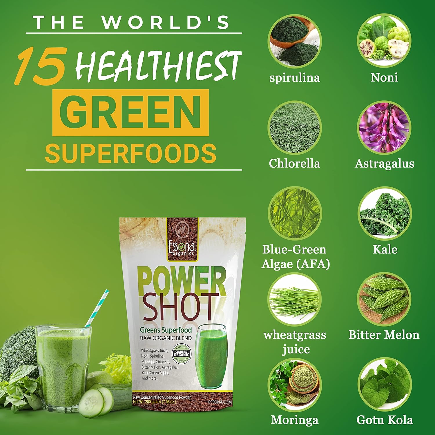 Essona Organics Power Shot Greens Superfood Blend - 100% Pure Raw Organic Vegan - Spirulina, Chlorella, Wheat Grass, Blue-Green Algae, Kale - 60 Servings, 180g Powder - Order Now - Espot.com.au