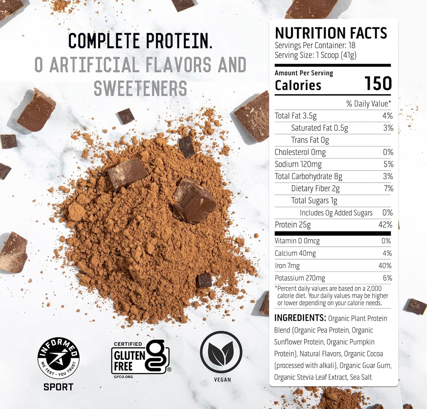Chocolate Vegan Protein Powder - Plant-Based, No Dairy, Soy or Gluten, 4g BCAA, 2g Leucine, Zero Artificial Ingredients, Sugar-Free - 18 Servings - Espot.com.au