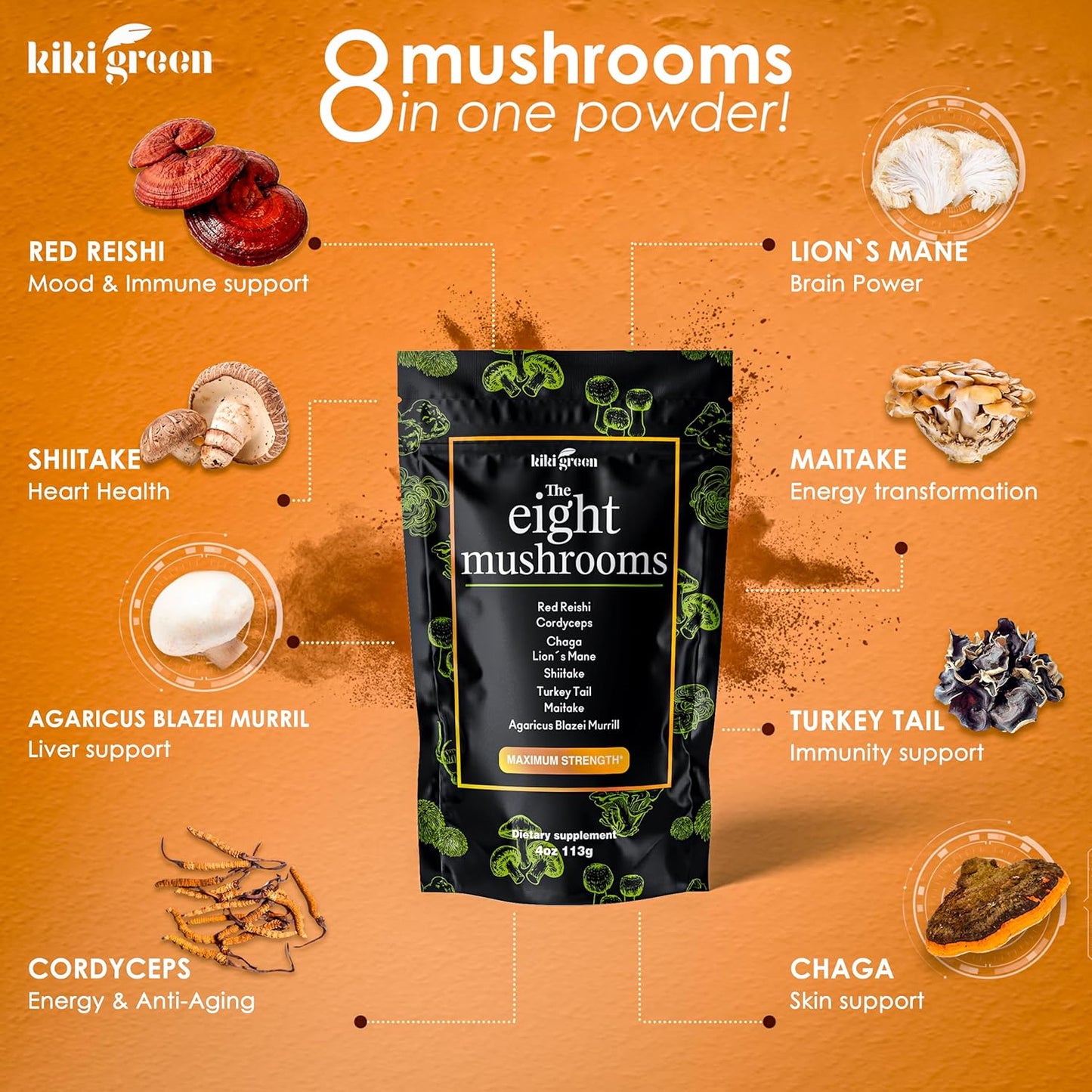 bundle-of-kiki-green-8-mushrooms-shroomo-powder---vegan-adaptogenic-mushroom-complex-for-focus-energy-clarity---coffee-alternative-for-smoothies-tea-2