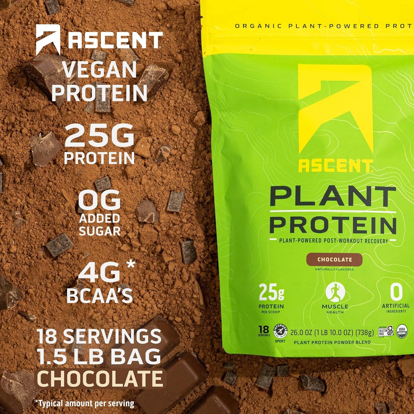 Chocolate Vegan Protein Powder - Plant-Based, No Dairy, Soy or Gluten, 4g BCAA, 2g Leucine, Zero Artificial Ingredients, Sugar-Free - 18 Servings - Espot.com.au