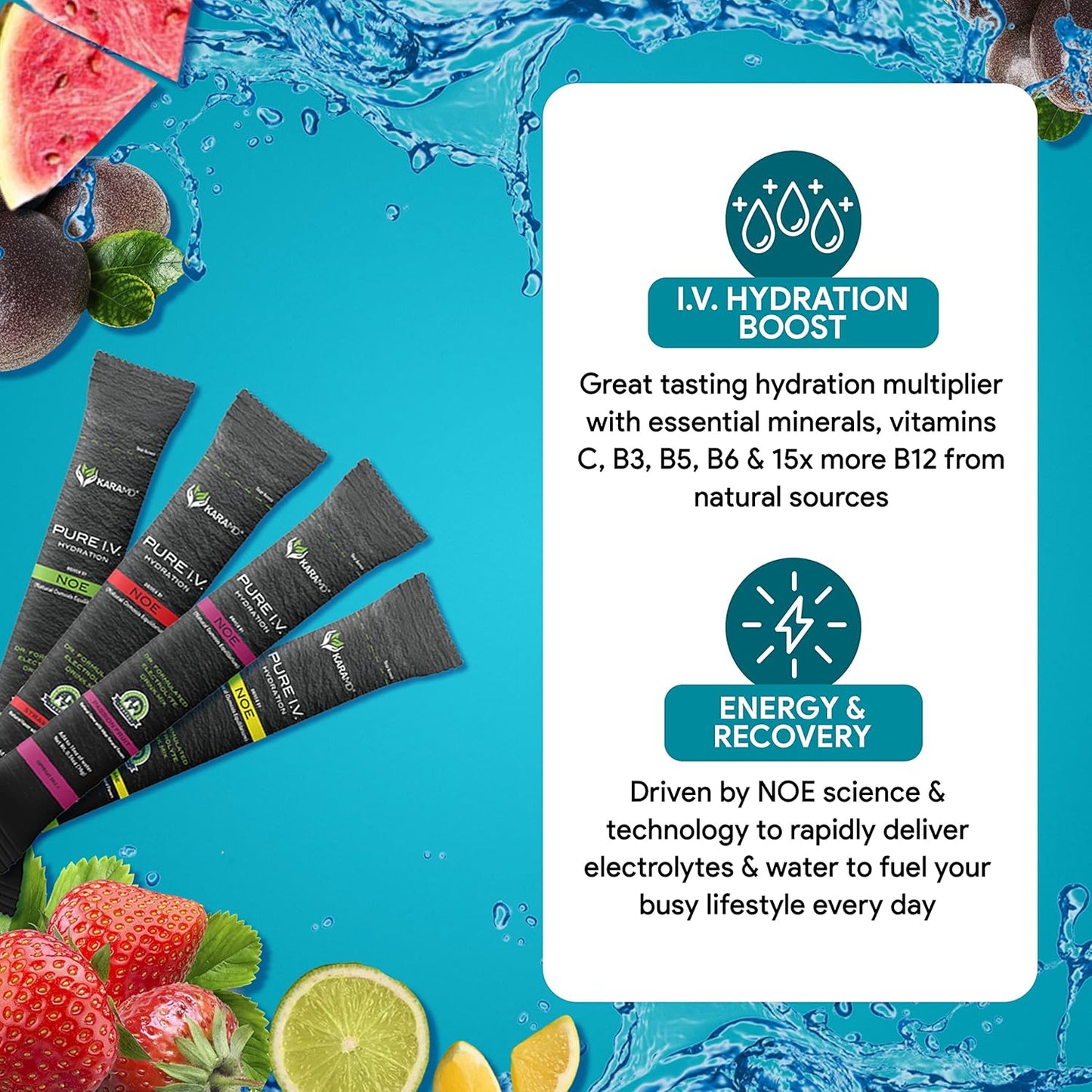KaraMD Pure I.V. Electrolyte Drink Mix Variety Pack - Hydrating Powder with Vitamins & Minerals - 16 Sticks - Refreshing Flavors - Espot.com.au