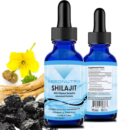 Absonutrix Shilajit and Tribulus Terrestris Liquid Supplement - 390mg, 4 Oz, 300 Servings - USA Made, Fast Absorption, Quality Non-GMO Ingredients, GMP Certified, Cruelty-Free