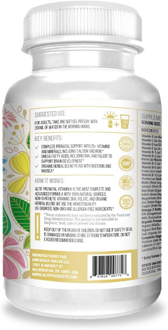 ACTIF Organic Prenatal Vitamin 90 Count with 20+ Vitamins, Omega-3, DHA, Organic Herbs - Non-GMO, Made in USA