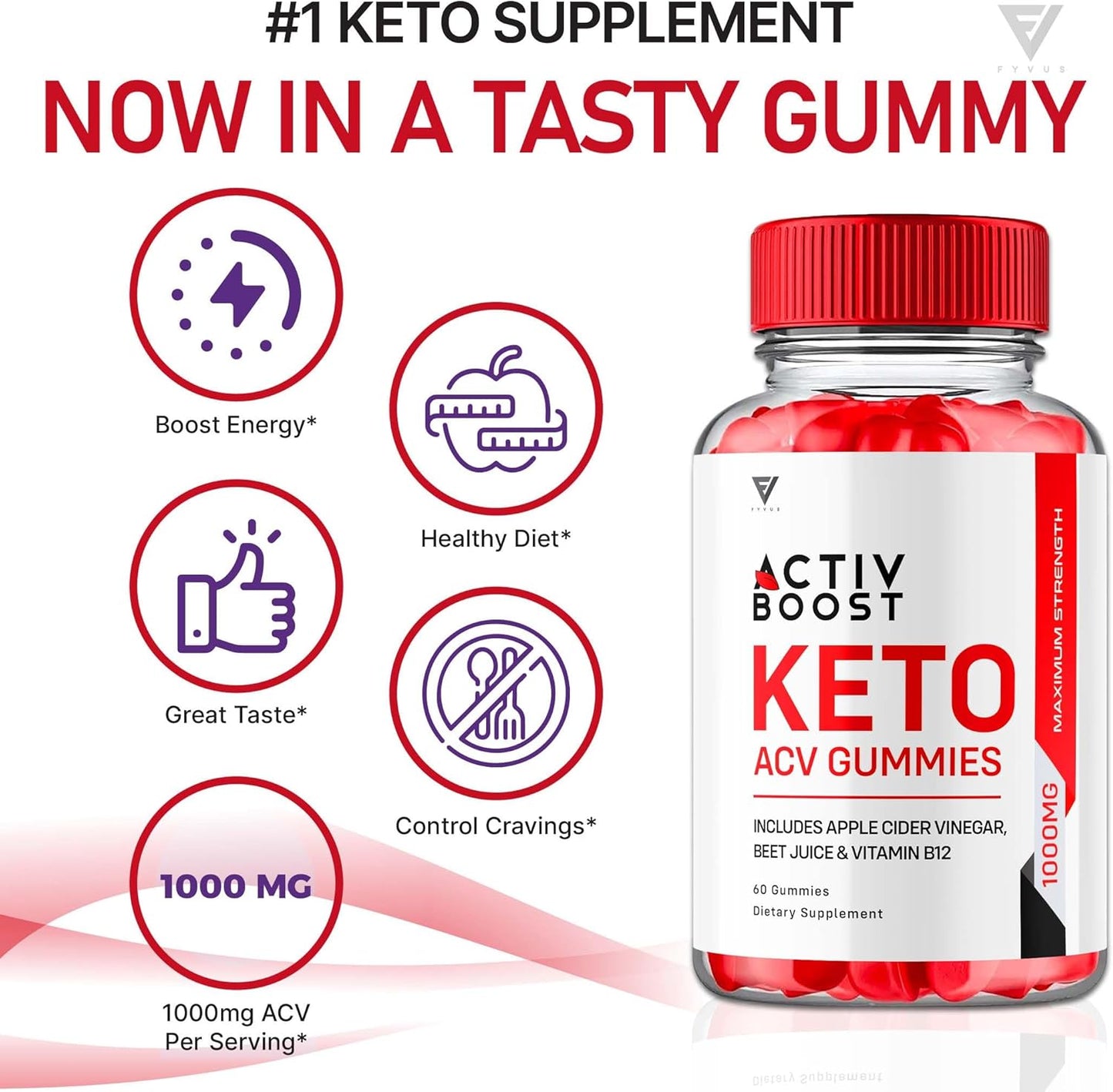 Activ Boost Keto ACV Gummies - Energy & Vitamin B12 Support (2 Pack) - 120 Gummies