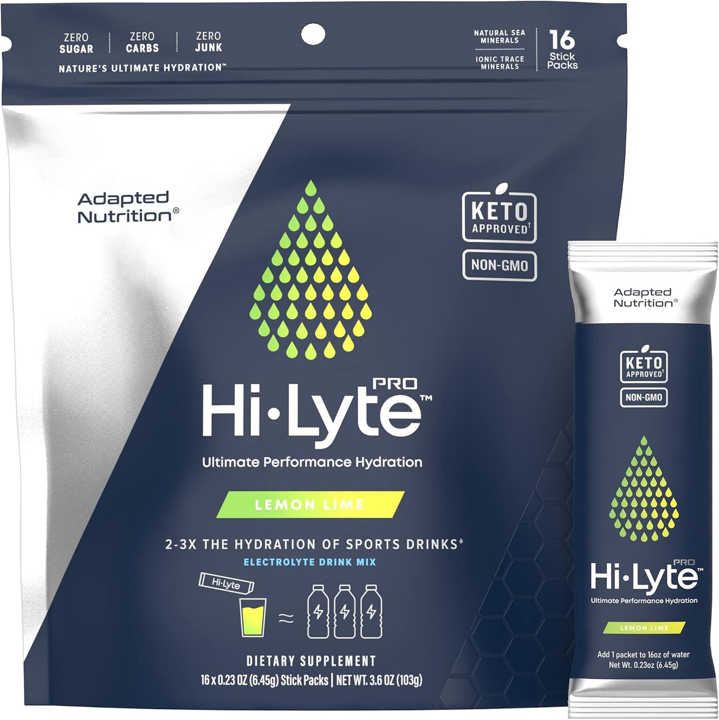 Adapted Nutrition Hi-Lyte Electrolyte Powder & Pro Hydration Packets Bundle, 90 Servings & 16 Packets, Pink Lemonade & Lemon Lime Flavors