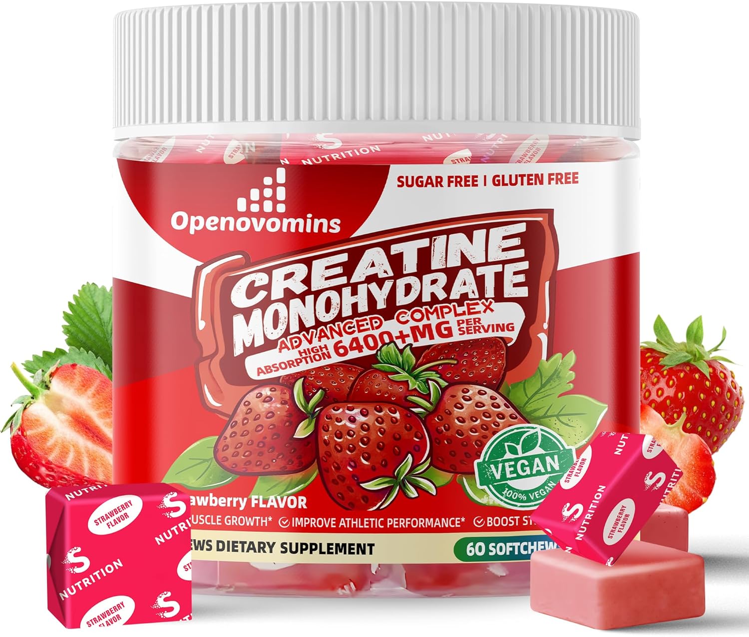 Advanced Creatine Monohydrate Soft Chews with L-Taurine and Vitamin B12 for Men & Women - 6400mg Complex Formula, Sugar Free - 60 Strawberry Softchews