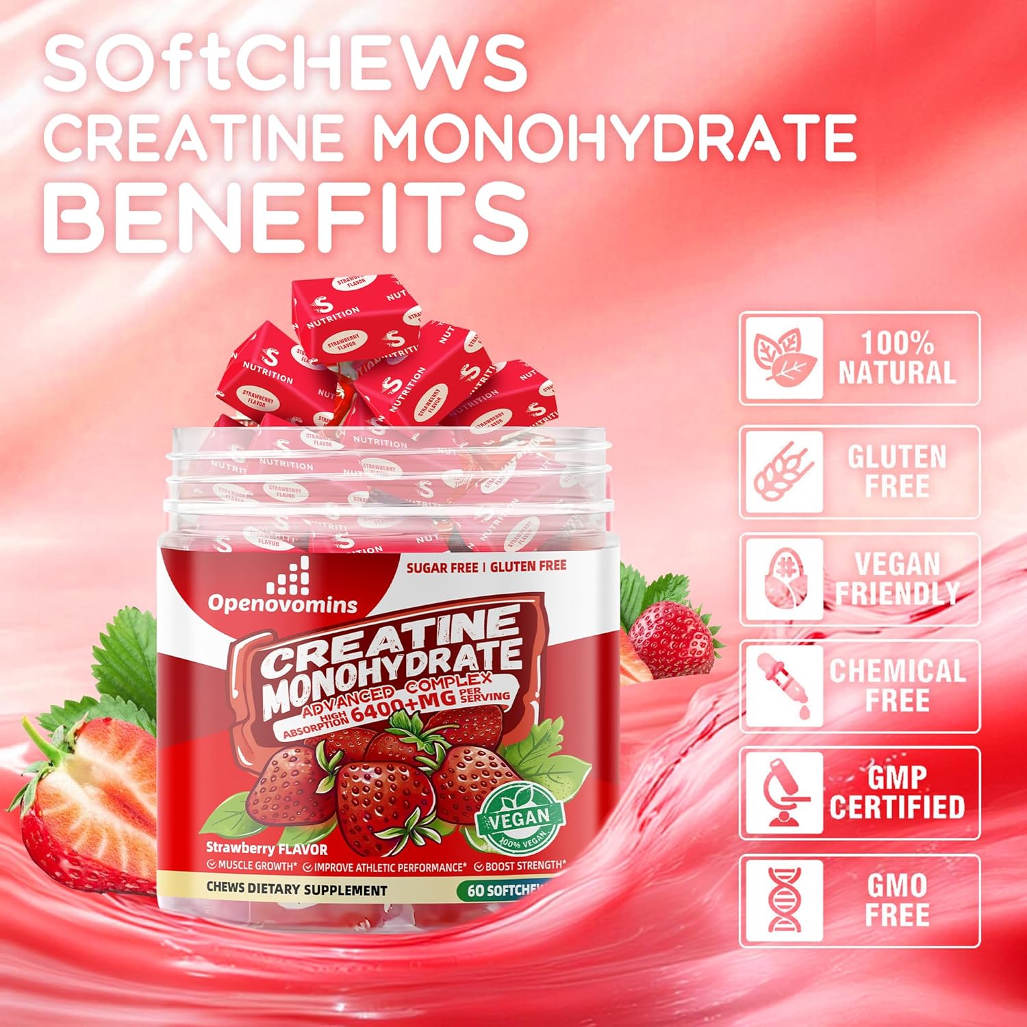 Advanced Creatine Monohydrate Soft Chews with L-Taurine and Vitamin B12 for Men & Women - 6400mg Complex Formula, Sugar Free - 60 Strawberry Softchews