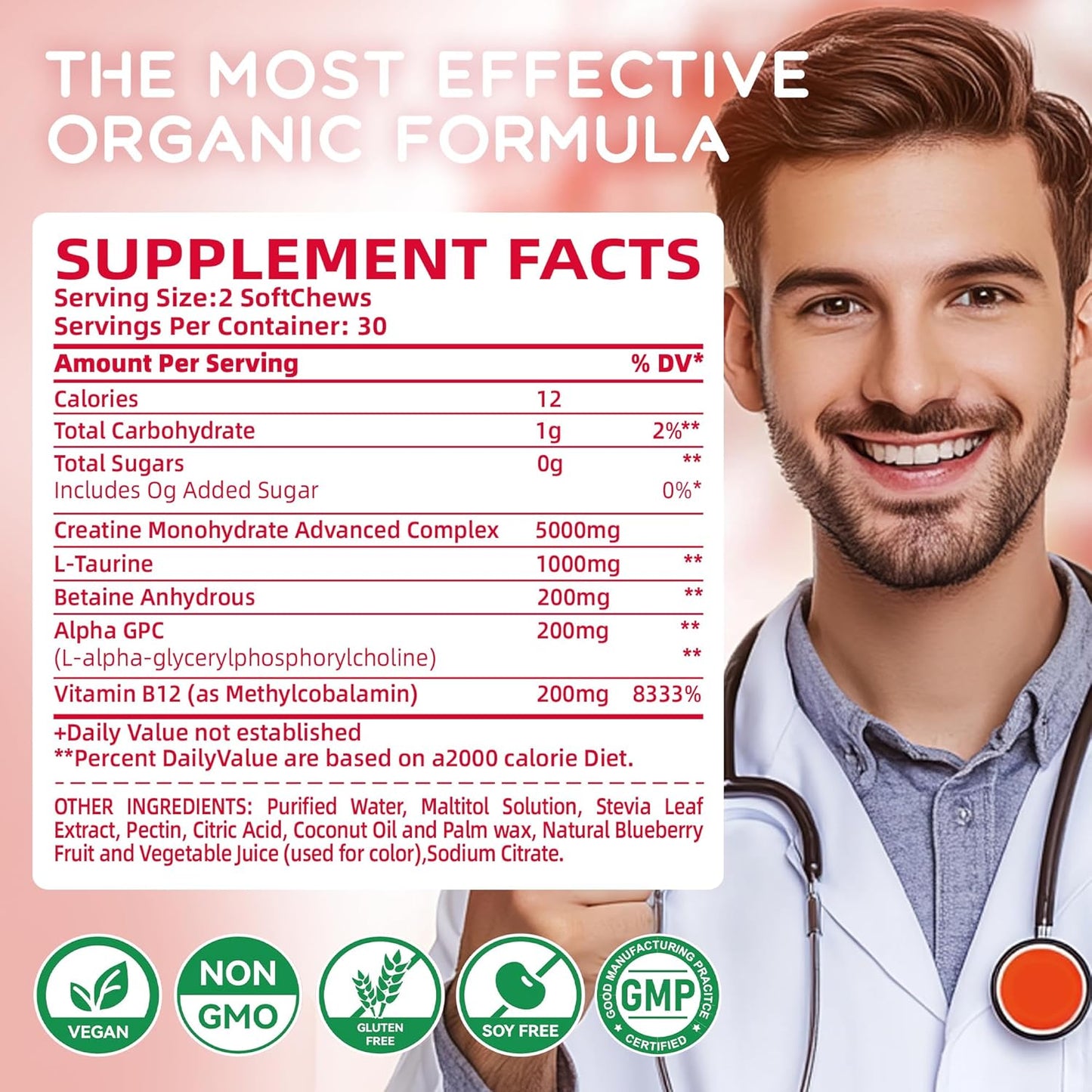 Advanced Creatine Monohydrate Soft Chews with L-Taurine and Vitamin B12 for Men & Women - 6400mg Complex Formula, Sugar Free - 60 Strawberry Softchews