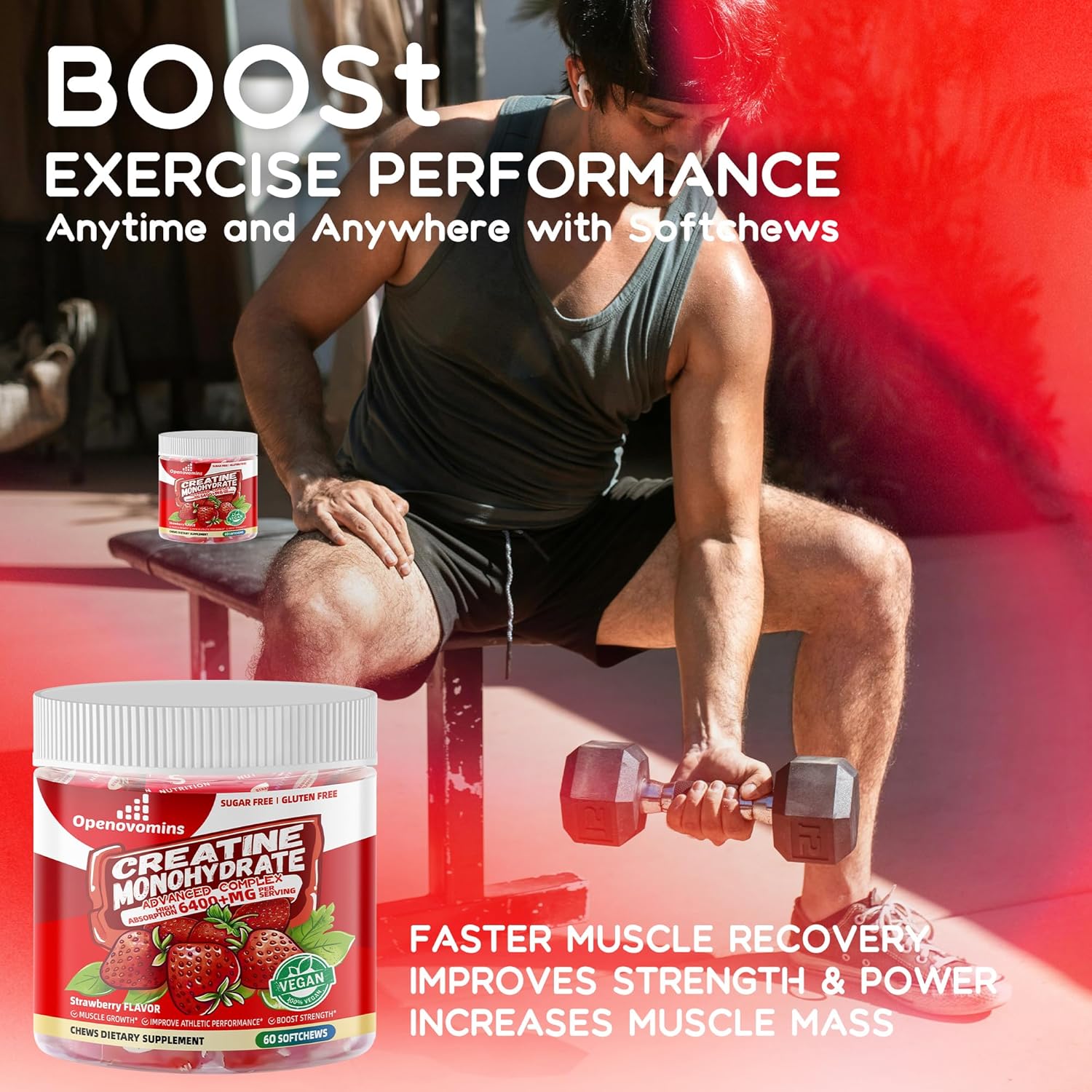 Advanced Creatine Monohydrate Soft Chews with L-Taurine and Vitamin B12 for Men & Women - 6400mg Complex Formula, Sugar Free - 60 Strawberry Softchews