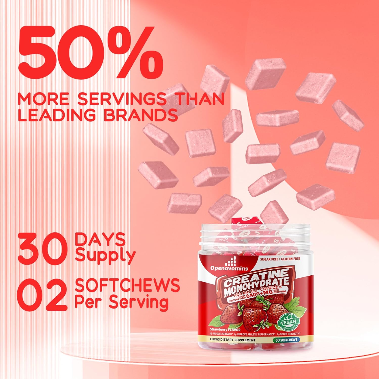 Advanced Creatine Monohydrate Soft Chews with L-Taurine and Vitamin B12 for Men & Women - 6400mg Complex Formula, Sugar Free - 60 Strawberry Softchews