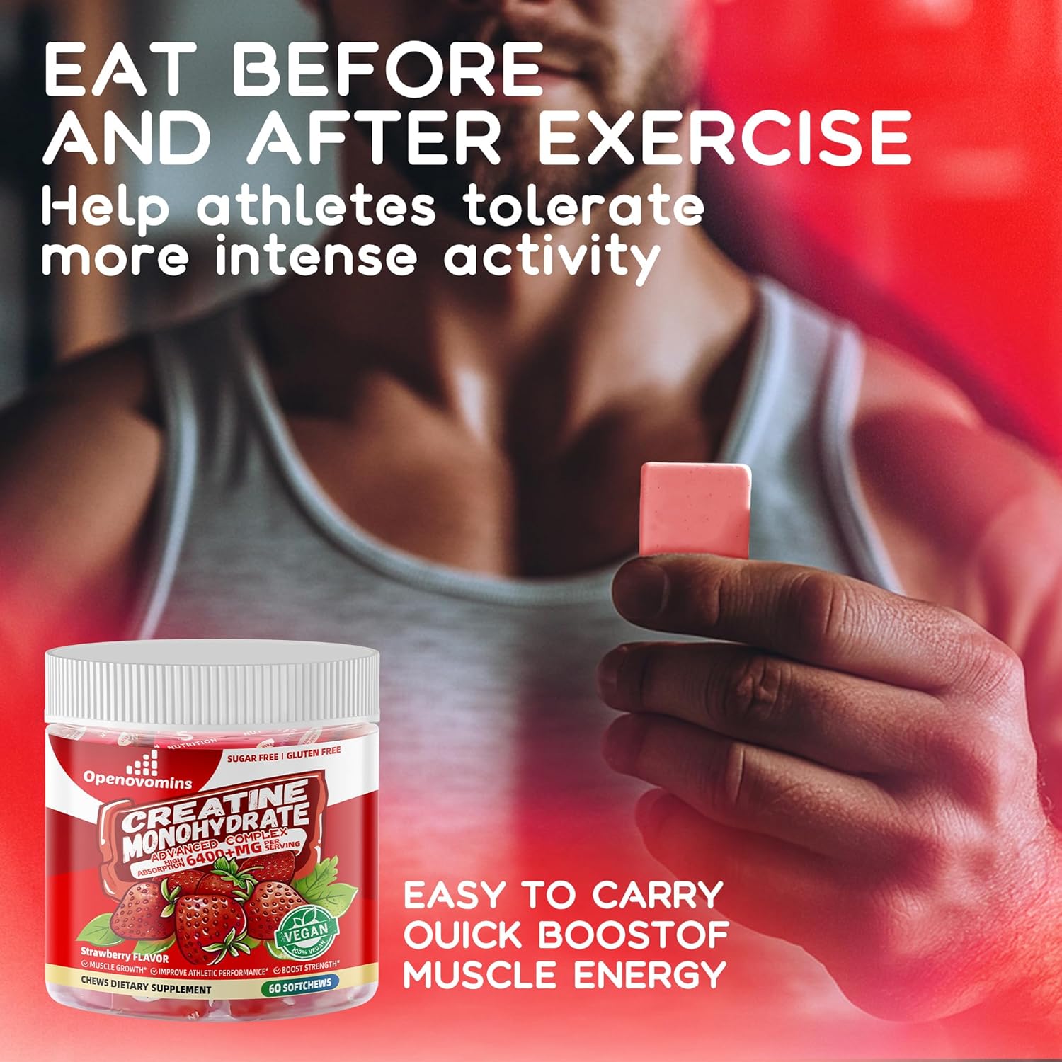 Advanced Creatine Monohydrate Soft Chews with L-Taurine and Vitamin B12 for Men & Women - 6400mg Complex Formula, Sugar Free - 60 Strawberry Softchews