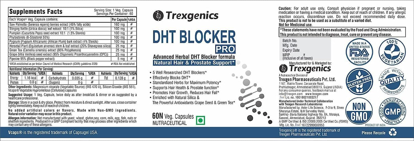 Advanced DHT Blocker Formula for Hair Fall & Prostate Health - Vegan, Non-GMO (60 Veg. Capsules)
