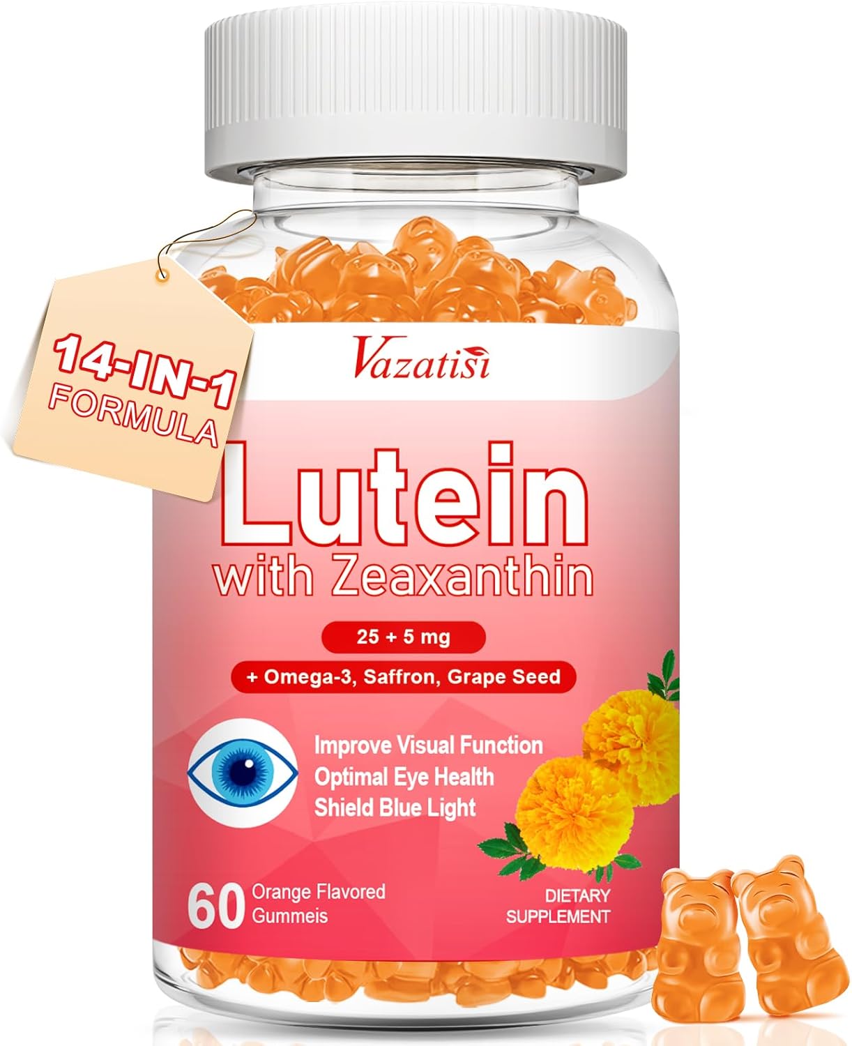 Advanced Eye Vitamin Gummies with Lutein, Zeaxanthin, Bilberry, Saffron, Grape Seed, Omega 3 - 60 Count, Orange Flavor - Macular Health, Dry Eye, Visual Function
