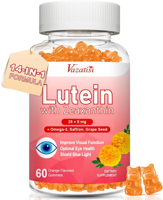 Advanced Eye Vitamin Gummies with Lutein, Zeaxanthin, Bilberry, Saffron, Grape Seed, Omega 3 - 60 Count, Orange Flavor - Macular Health, Dry Eye, Visual Function
