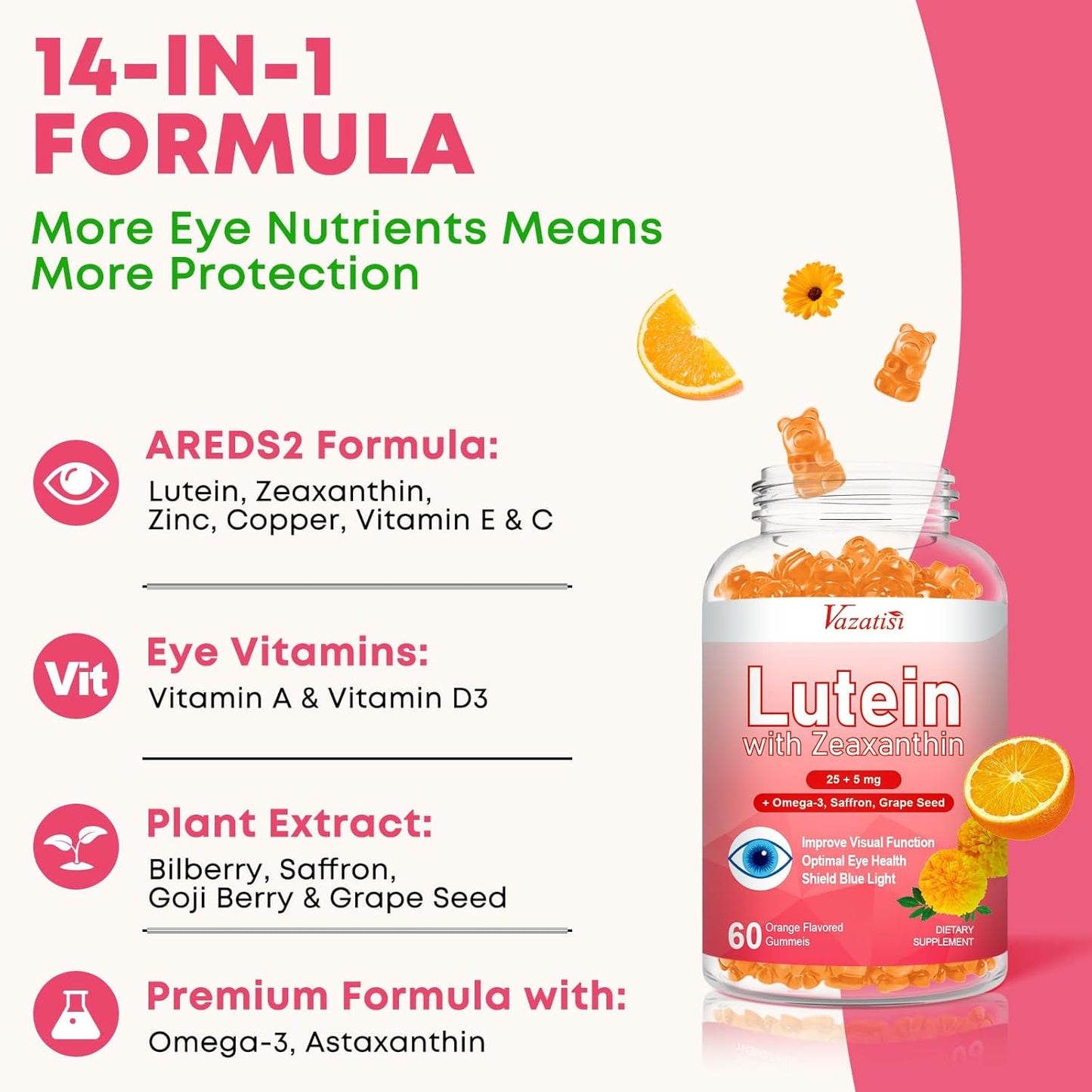 Advanced Eye Vitamin Gummies with Lutein, Zeaxanthin, Bilberry, Saffron, Grape Seed, Omega 3 - 60 Count, Orange Flavor - Macular Health, Dry Eye, Visual Function