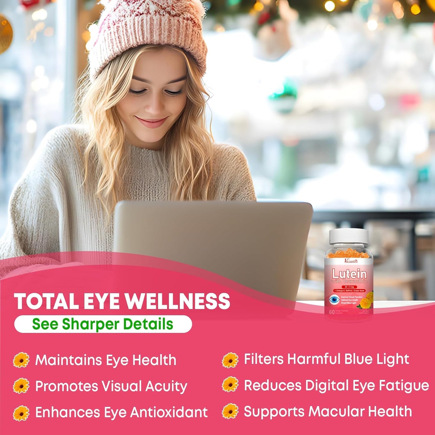 Advanced Eye Vitamin Gummies with Lutein, Zeaxanthin, Bilberry, Saffron, Grape Seed, Omega 3 - 60 Count, Orange Flavor - Macular Health, Dry Eye, Visual Function