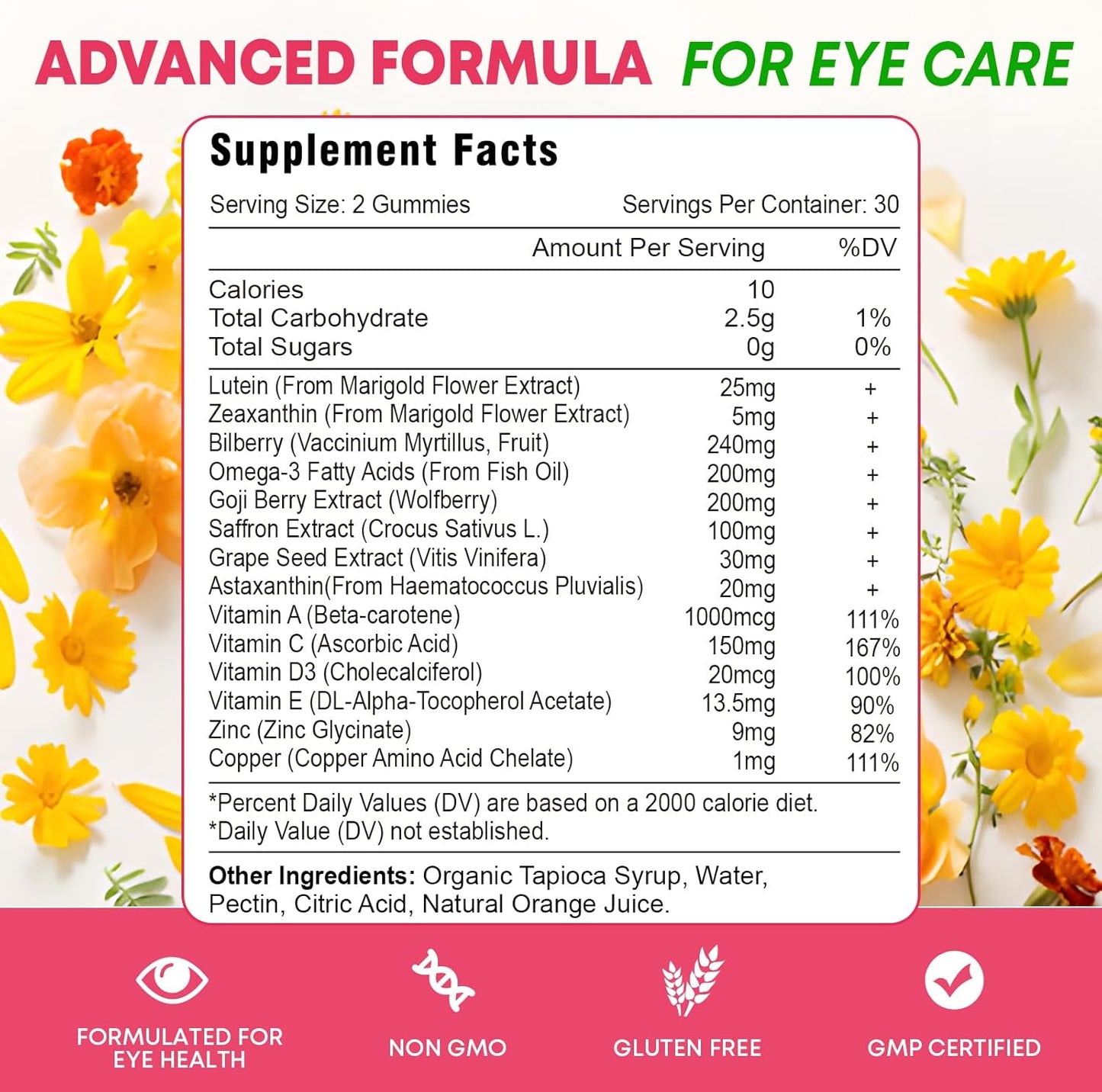 Advanced Eye Vitamin Gummies with Lutein, Zeaxanthin, Bilberry, Saffron, Grape Seed, Omega 3 - 60 Count, Orange Flavor - Macular Health, Dry Eye, Visual Function