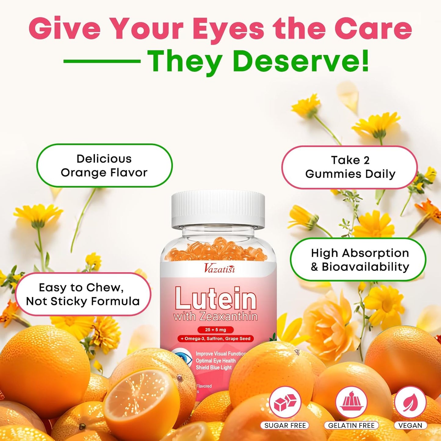 Advanced Eye Vitamin Gummies with Lutein, Zeaxanthin, Bilberry, Saffron, Grape Seed, Omega 3 - 60 Count, Orange Flavor - Macular Health, Dry Eye, Visual Function