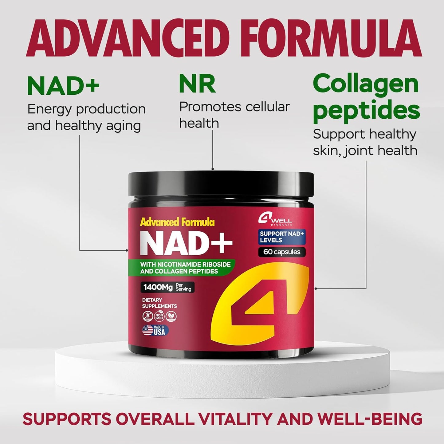 Advanced NAD+ Supplement with 1400mg Nicotinamide Riboside & Collagen Peptides for Healthy Aging - Boosts Cellular Energy, Skin Health & Cognitive Function - Made in USA