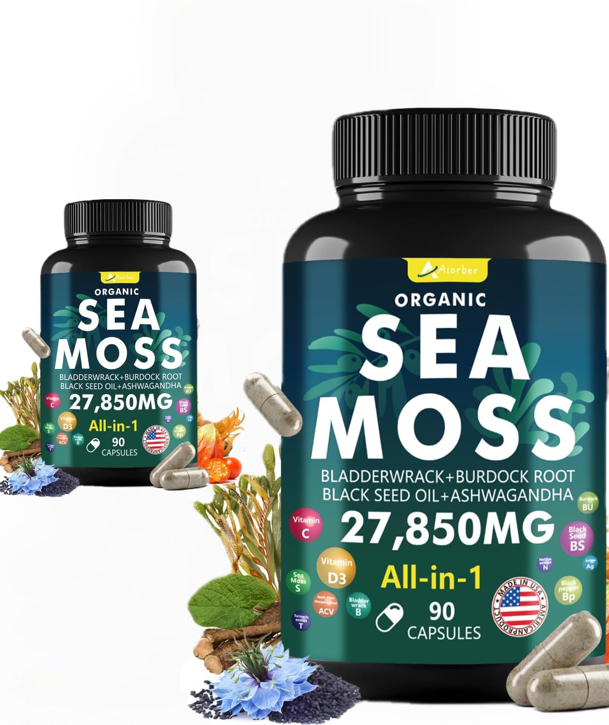Advanced Sea Moss Capsules with Black Seed Oil, Aşhwagandha, Ginger, Vitamin C, Bladderwrack, Elderberry - 90 Tablets, 2 Pack