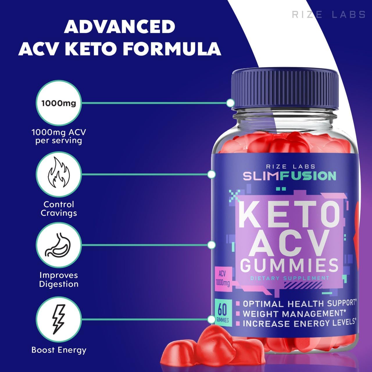 Advanced Slimming Formula Rize Labs Slim Fusion Keto ACV Gummies with Reviews - 60 Gummies