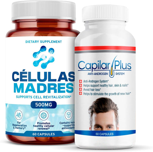 AFA Stem Cell & Hair Growth Supplement Bundle | Antiaging Support | Capilar Plus for Hair Loss | Healthy Skin, Hair & Nails | Spirulina & Chlorella - 60 Capsules Each