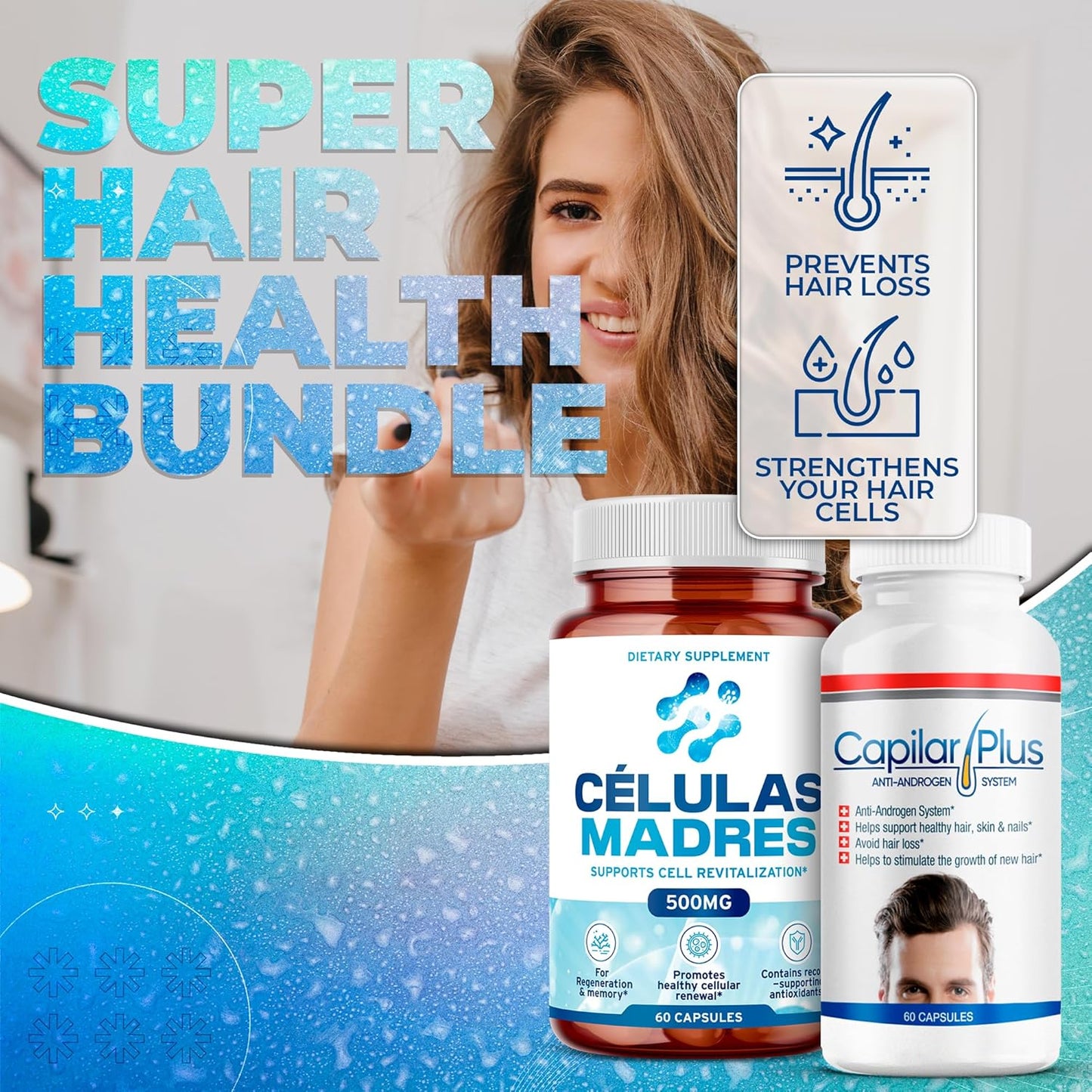 AFA Stem Cell & Hair Growth Supplement Bundle | Antiaging Support | Capilar Plus for Hair Loss | Healthy Skin, Hair & Nails | Spirulina & Chlorella - 60 Capsules Each