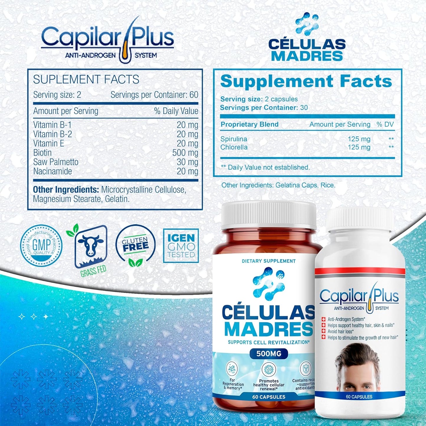 AFA Stem Cell & Hair Growth Supplement Bundle | Antiaging Support | Capilar Plus for Hair Loss | Healthy Skin, Hair & Nails | Spirulina & Chlorella - 60 Capsules Each