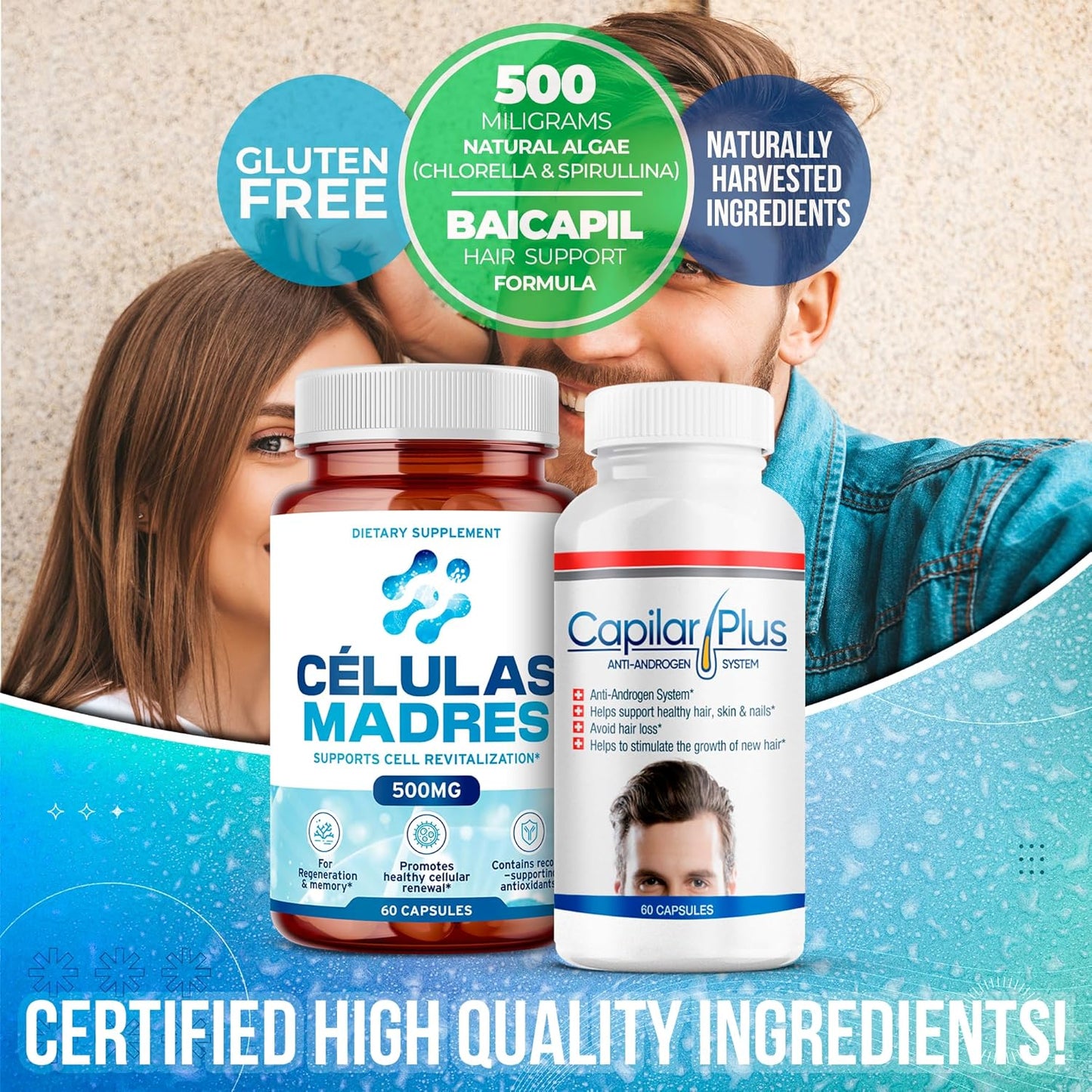 AFA Stem Cell & Hair Growth Supplement Bundle | Antiaging Support | Capilar Plus for Hair Loss | Healthy Skin, Hair & Nails | Spirulina & Chlorella - 60 Capsules Each
